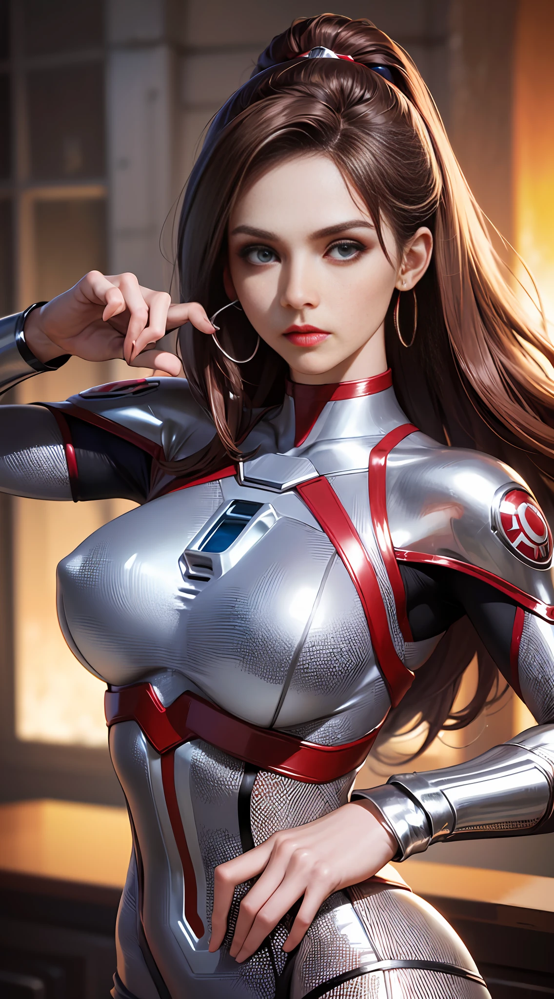 High quality fingers, normal hands, detailed fingers, masterpiece, clear eyes, (realistic, photorealistic: 1.37), (22-year-old woman), Galaxy Ultraman, female Ultraman, classic red silver tights, energy indicator with blue light on the chest, {{huge_breast}}, slightly raised, small waist, crimson hair, blue eyes, beautiful face, perfect lighting, determined eyes, looking at the audience, amazingly beautiful woman, detailed hairstyle, Detailed background