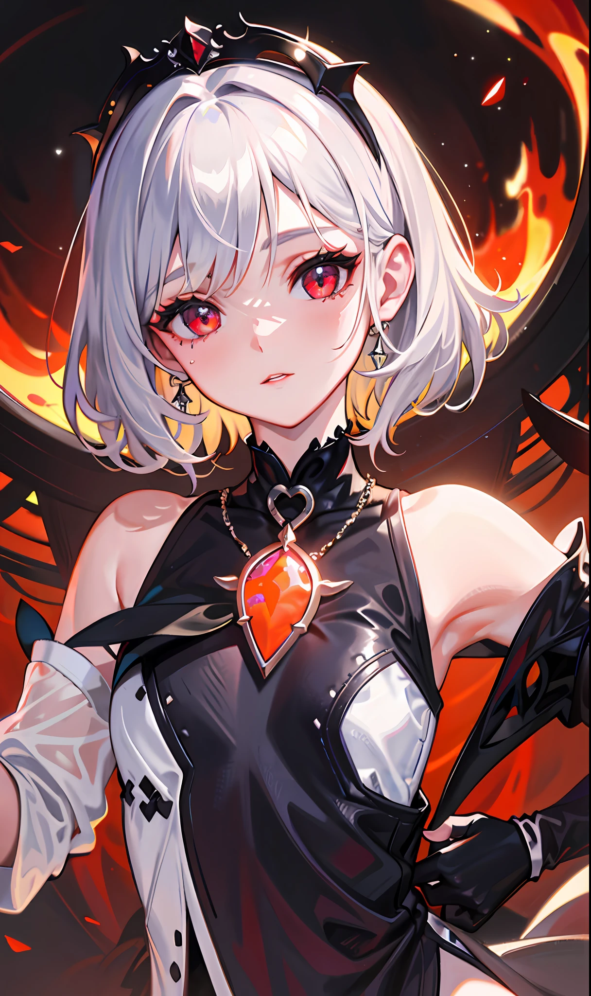 (Masterpiece, Side Light, Fine Beautiful Eyes: 1.2), (Masterpiece * Portrait), Portrait, (Bust), Realistic, 3D Face, Sweet Skin, (Solo), (Close-up of Face), (Fire Opal General Crimson Eyes), Hanging Corner of the Eye, ((High Detail Skin, Visible Pores)), (Perfect Figure), A Beautiful Girl, Small Tits, ((Gothic)), (Neck Ring), (Very, Very Short Glove)