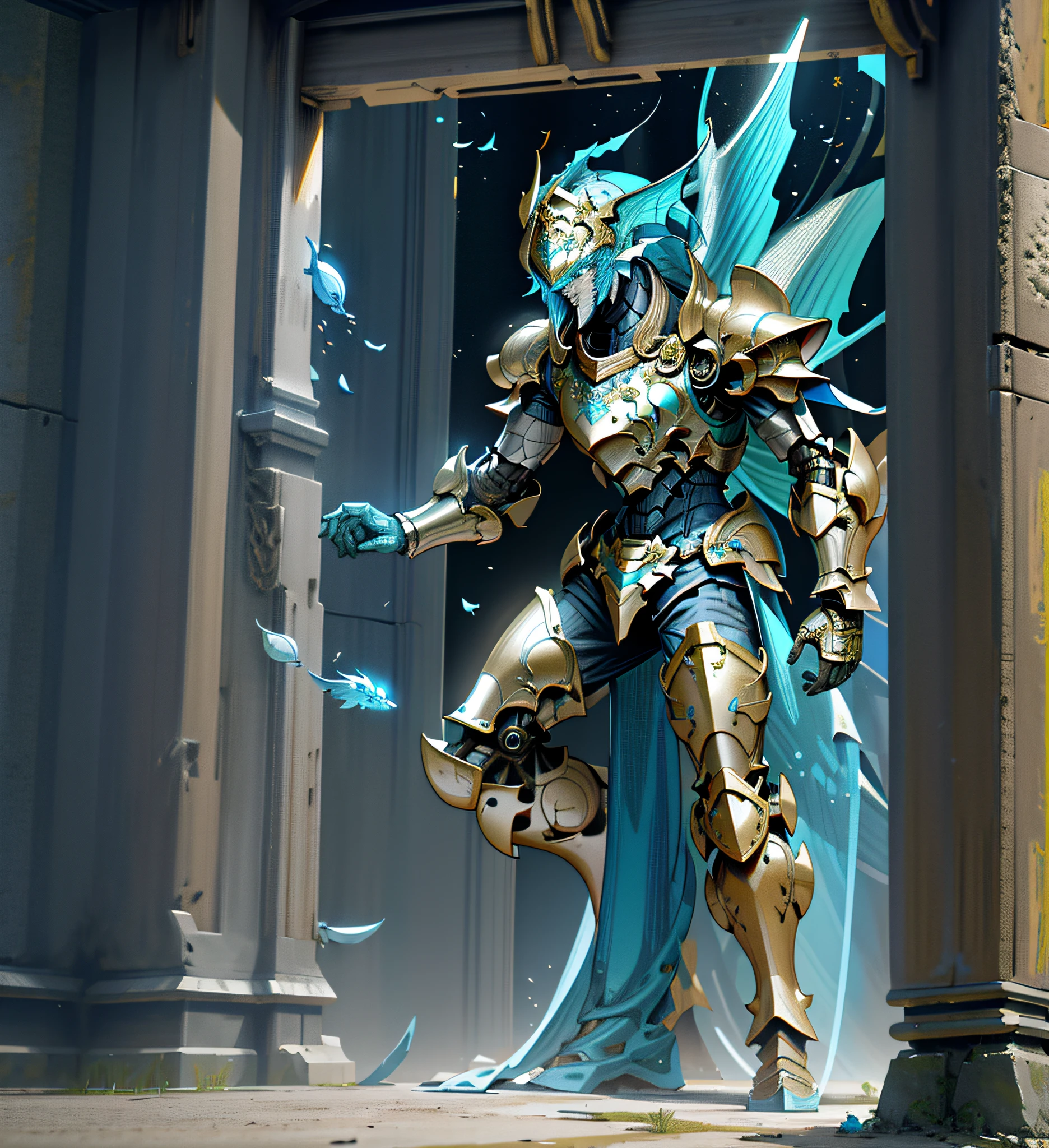 Tough armour, old, inorganic giants, golems, fantasy, super robots, ancient civilisations, Full Body, solo, Fish, scales and fins, Blue armour,