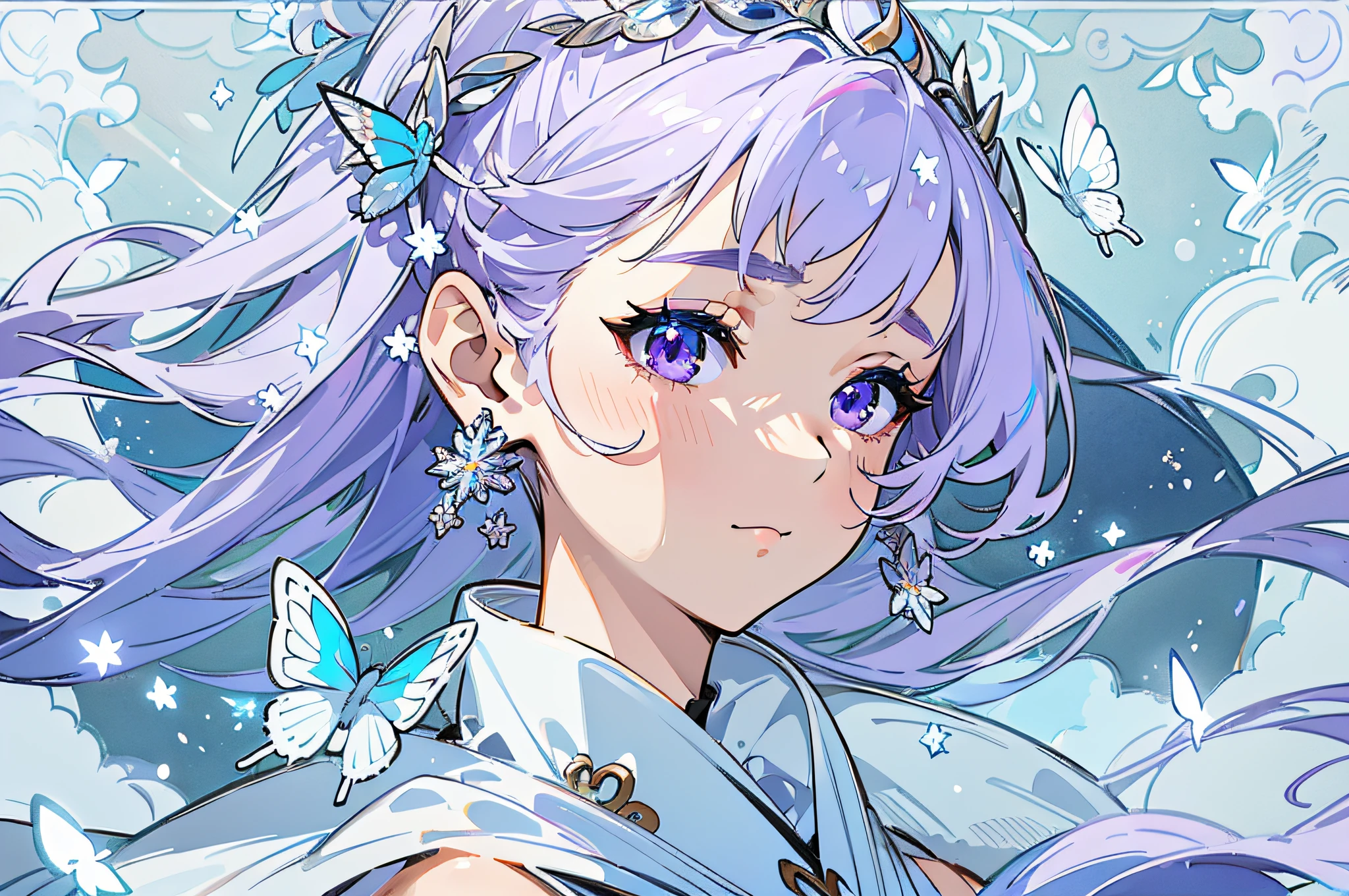 best quality, masterpiece, Ancient Beauty, Purple Eyes, Lilac Hair, Floating Hair, Delicate Eyes, Chinese Style White Costume, Beautiful Accessories, Wearing Earrings, Sexy, FOV, F/1.8, Masterpiece, Outdoor Snow, Snowflakes, Flying Blue Butterflies, Side Light, Sunlight on People, 8K, Hazy, Close-up