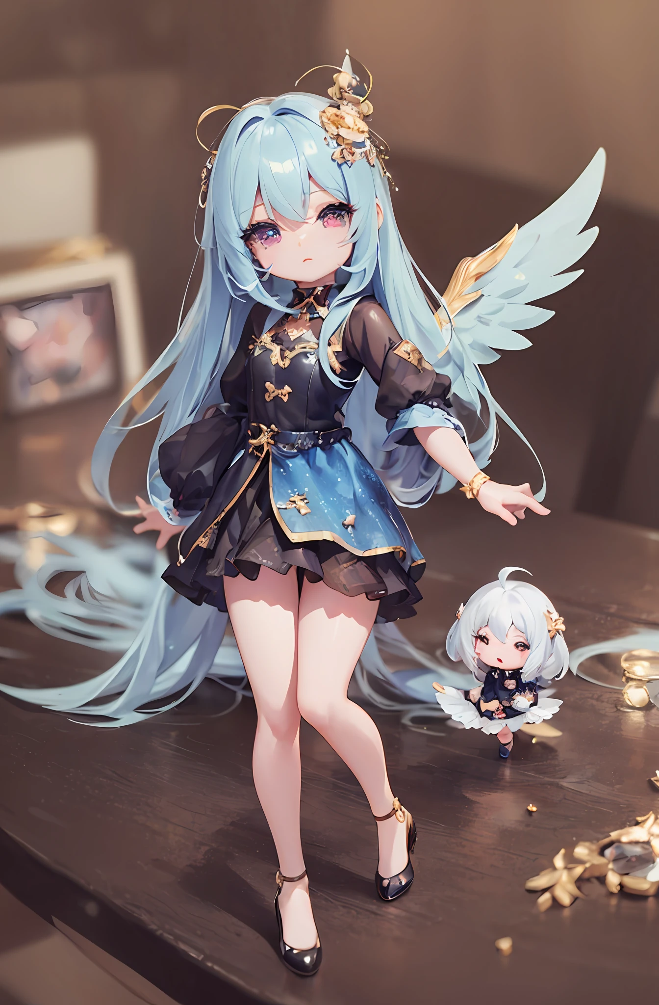 One angel doll on the table, 8K high quality detail art, 1 anime angel, style as Nendoroid, stylized anime, anime style 4K, cute detailed digital art, Guweiz style artwork, 8K octar rendering photos, advanced digital chibi art, cute 3D rendering, anime style. 8k