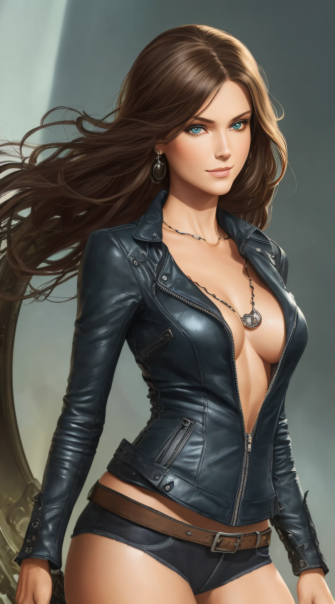 ((realistic:1.5)),((best quality)), ((masterpiece)),((detailed)), (1girl), a beautiful female playing electric guitar, black leather jacket, blue jeans,, (upper body:1.3),,super-wide-angle lens, face focus, mature, sexy, toned muscles, long legs, barefoot, cleavage, slim thighs, narrow hips, green eyes, short blond hair, long eyelashes, (detailed face, smile with teeth, beautiful eyes, detailed clothes features, clear background:1.3), stage background, best shadow, bright details, sharp, perfect composition, Intricate, Sharp focus, dramatic, by Julie Bell, by Olivia De Berardinis, by Luis Royo, by Boris Vallejo