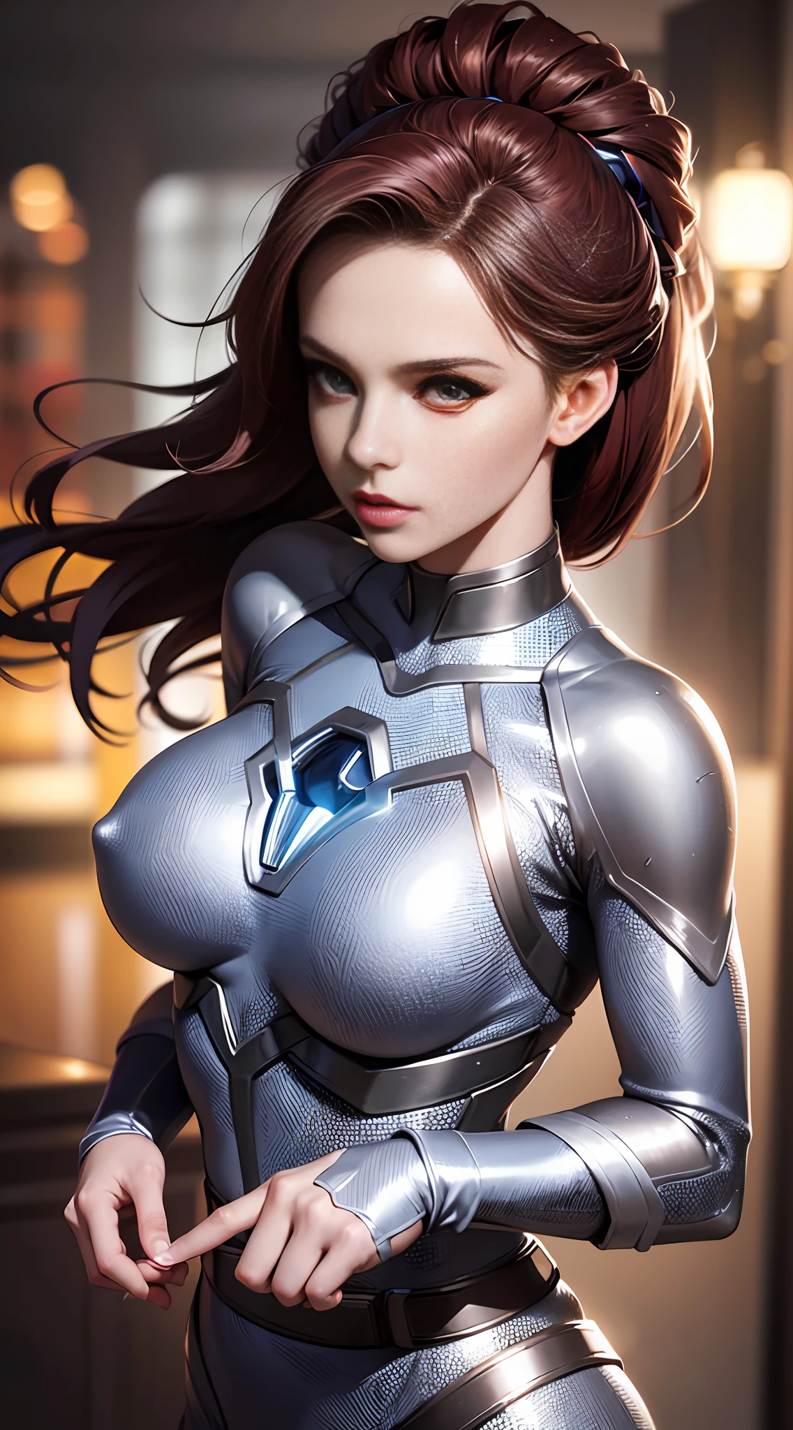 High quality fingers, normal hands, detailed fingers, masterpiece, clear eyes, (realistic, photorealistic: 1.37), (22-year-old woman), Galaxy Ultraman, female Ultraman, classic red silver tights, energy indicator with blue light on the chest, {{huge_breast}}, slightly raised, small waist, crimson hair, blue eyes, beautiful face, perfect lighting, determined eyes, looking at the audience, amazingly beautiful woman, detailed hairstyle, Detailed background