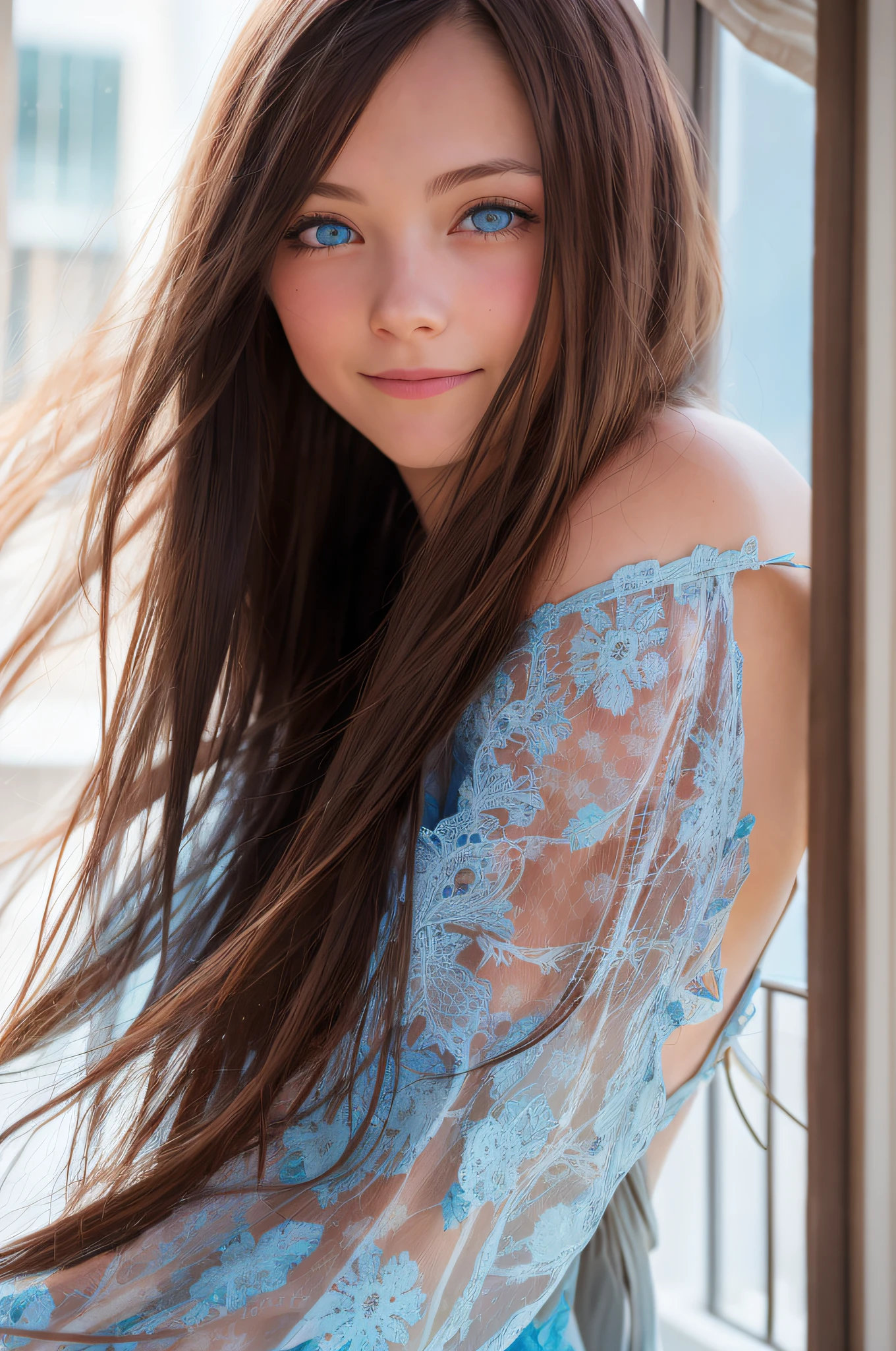 1girl, brunette, blue eyes, long hair, close-up, , photo, film, depth of field, smile, model, window, looking at viewer,