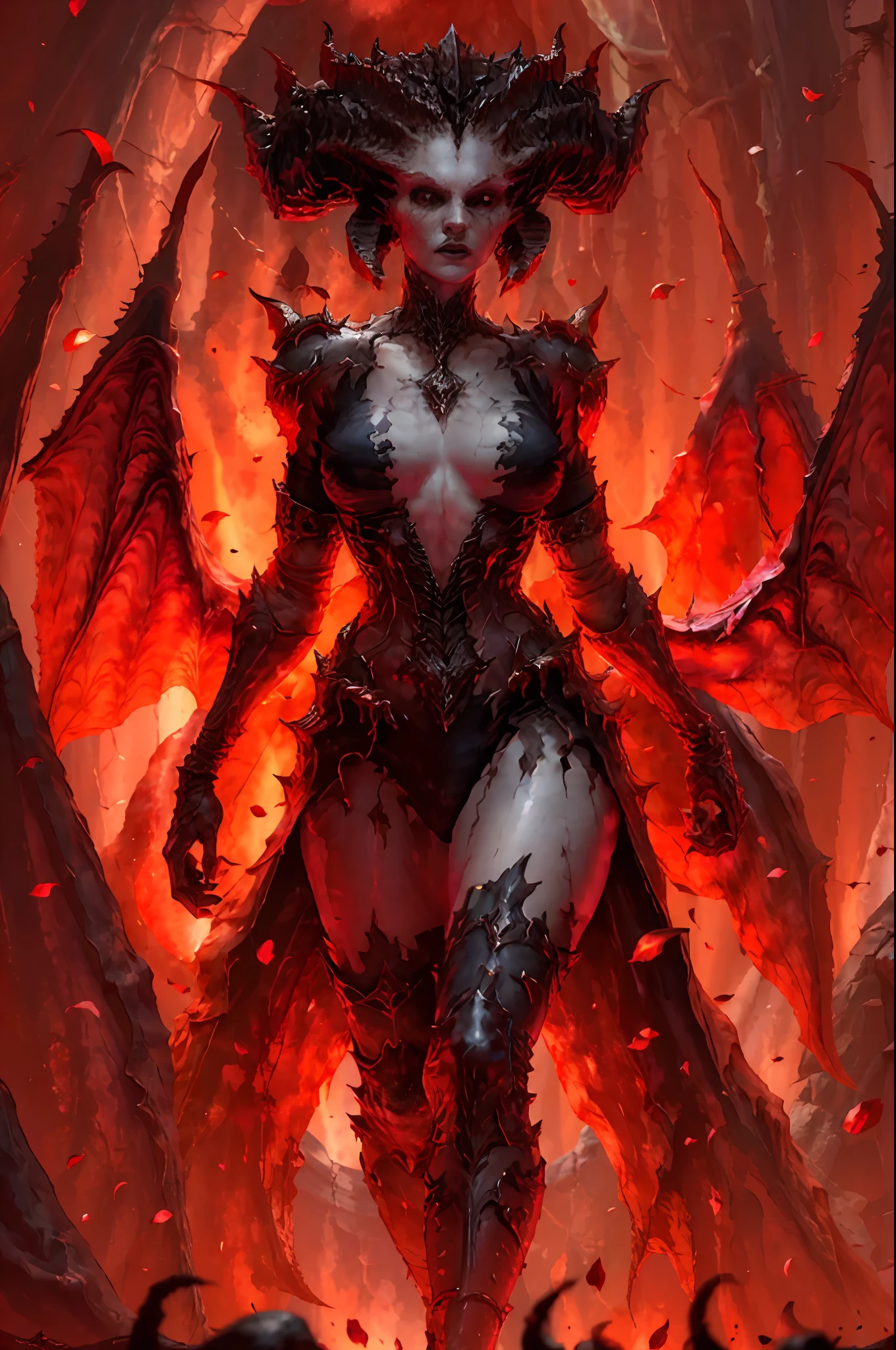 Lilith, realistic, photo of a woman walking towards the viewer dramatic red fire, dark humor, gore, intricate details, subsurface scattering, insanely detailed texture, textured skin, breasts, thin waist, hips, thigh, tight clothes, lewd clothes, masterpiece, best quality, ultra-detailed, texture, looking at the viewer, detailed eyes, detailed face, masterpiece, midnight, pubic hair, clear image, exposed neckline,  bloom around lights, red tone,