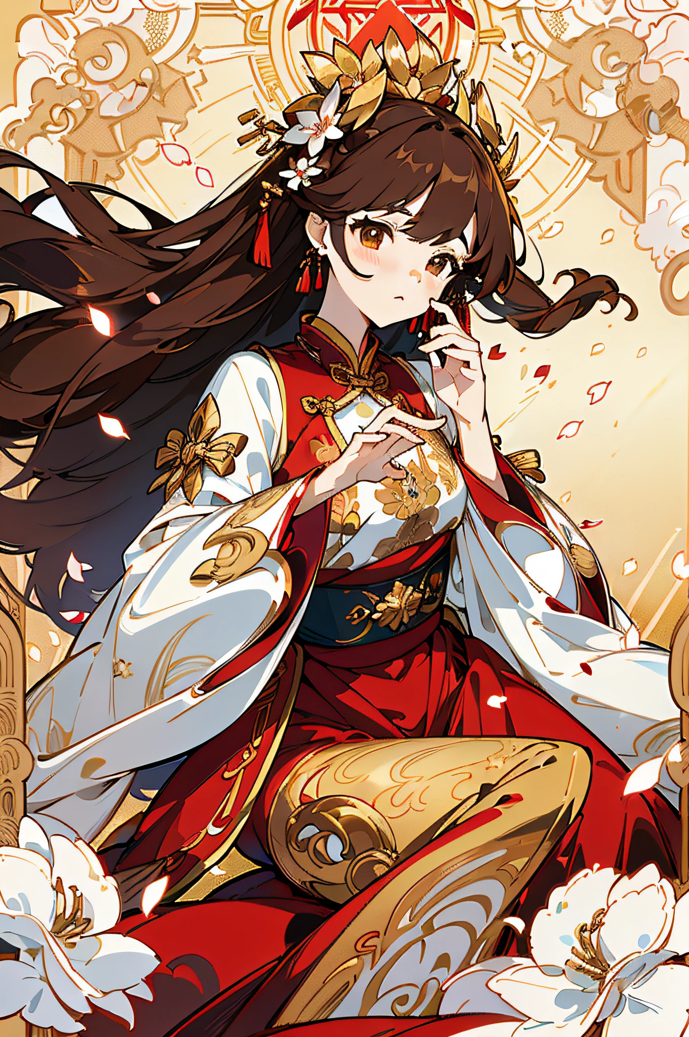 best quality, masterpiece, highres, (exquisite body: 1.5), beautiful face, (milky skin: 1.3), intricate details, high resolution, wallpaper, 1girl, solo, dress, hair ornament, ((((golden and red dress))), flowers, long hair, brown hair, closed mouth, jewelry, long sleeves, hand up, wide sleeves, big eyes, floating hair, chinese clothes, hanfu, embroidery, long skirt, natural pose, falling petals, interior, fanning, flashlight, 16K, HDR, highres, depth field, (film grain: 1.1), boken, golden hour, (lens flare), vignette, rainbow, (color rating: 1.5)