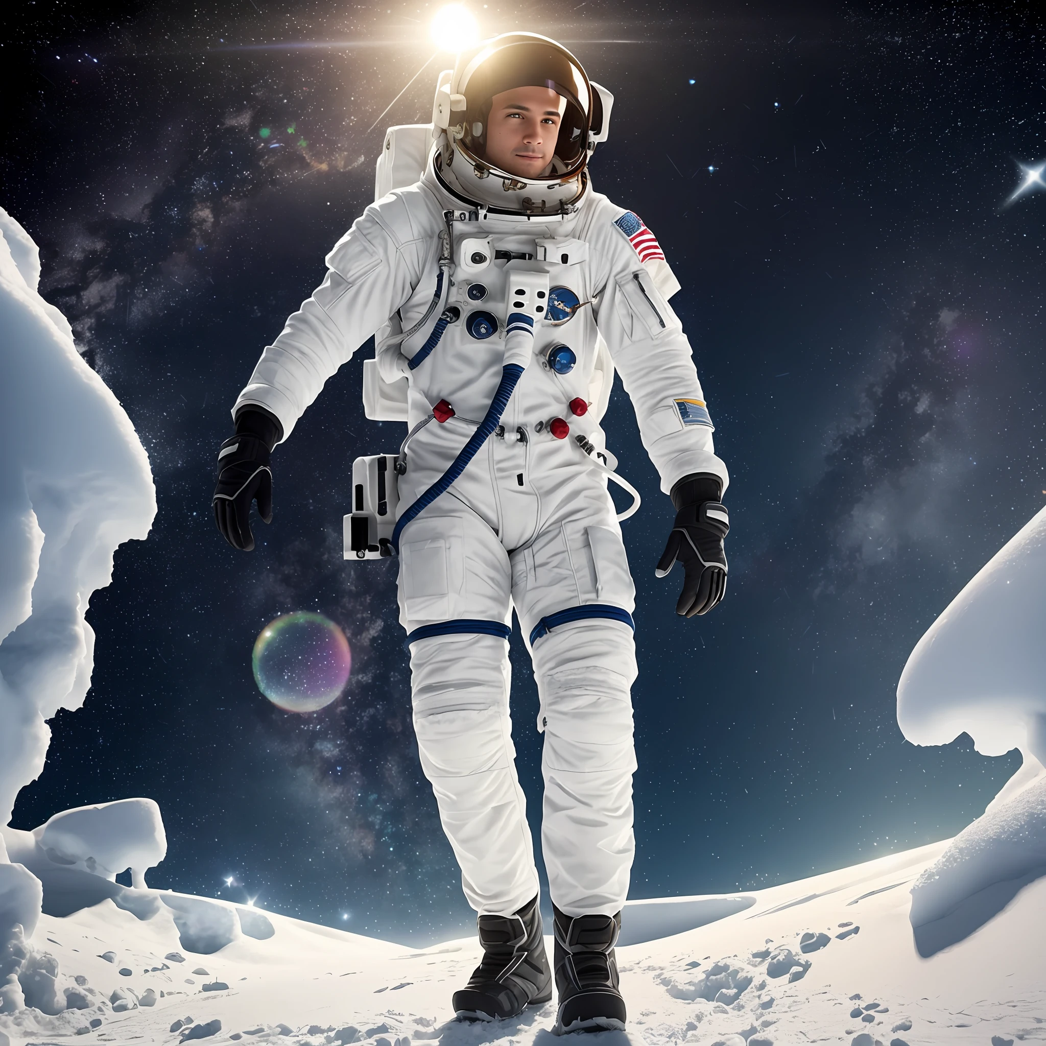 astronaut in white suit in snow, background of snow, winter environment, cold, dark sky with stars, hyperdetailed, full body, soft diffused lighting, depth of field, full body, intricate, high detail, sharp focus, full body + ultra , realistic, detailed, ultra realistic details, cinematic Clear Light style + full body, 8k, rendering, ultra detailed, side light, sunlight beauty, clear light --auto --s2