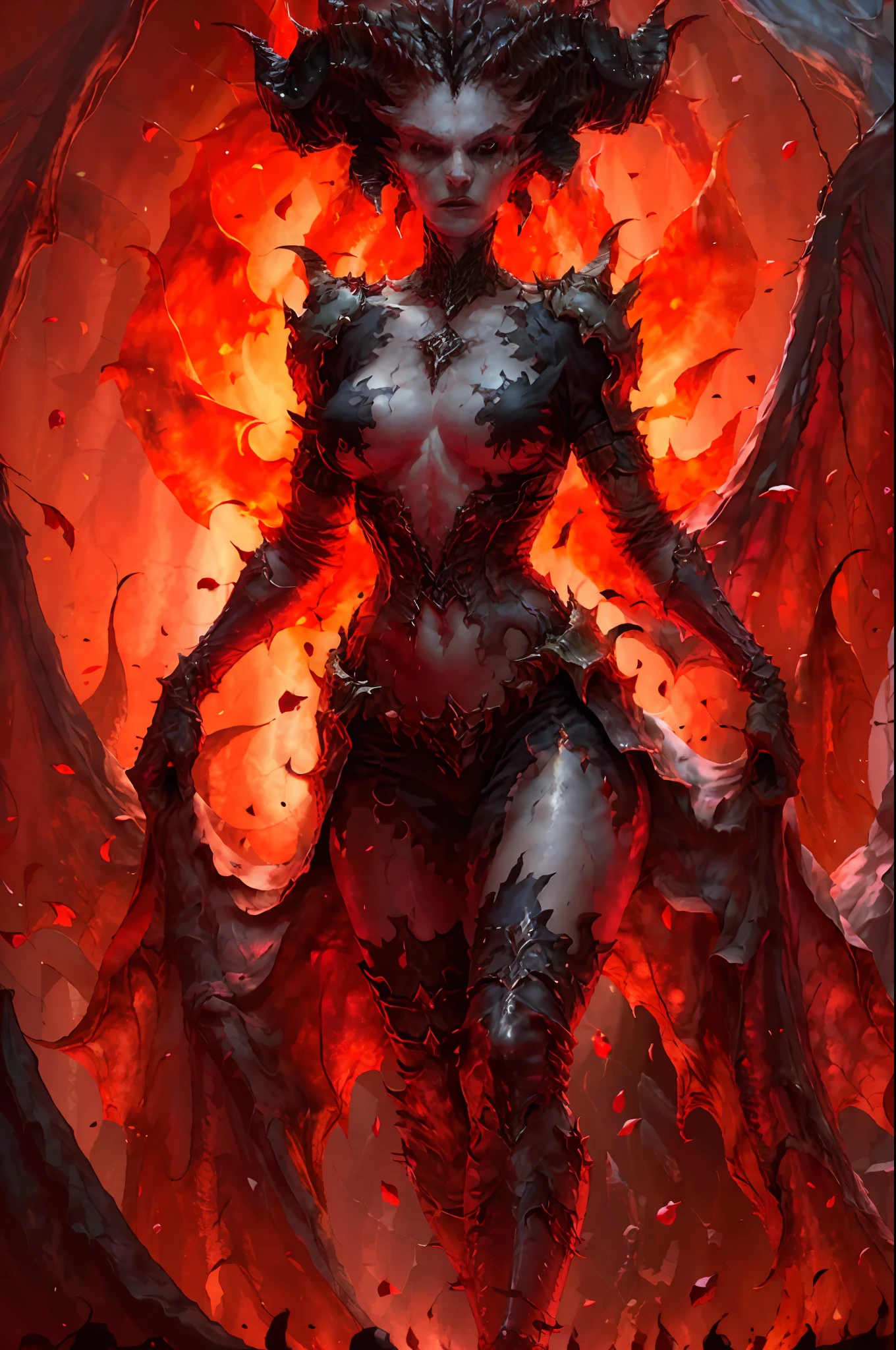 Lilith, realistic, photo of a woman walking towards the viewer dramatic red fire, dark humor, gore, intricate details, subsurface scattering, insanely detailed texture, textured skin, breasts, thin waist, hips, thigh, tight clothes, lewd clothes, masterpiece, best quality, ultra-detailed, texture, looking at the viewer, detailed eyes, detailed face, masterpiece, midnight, pubic hair, clear image, exposed neckline, bloom around lights, red tone,