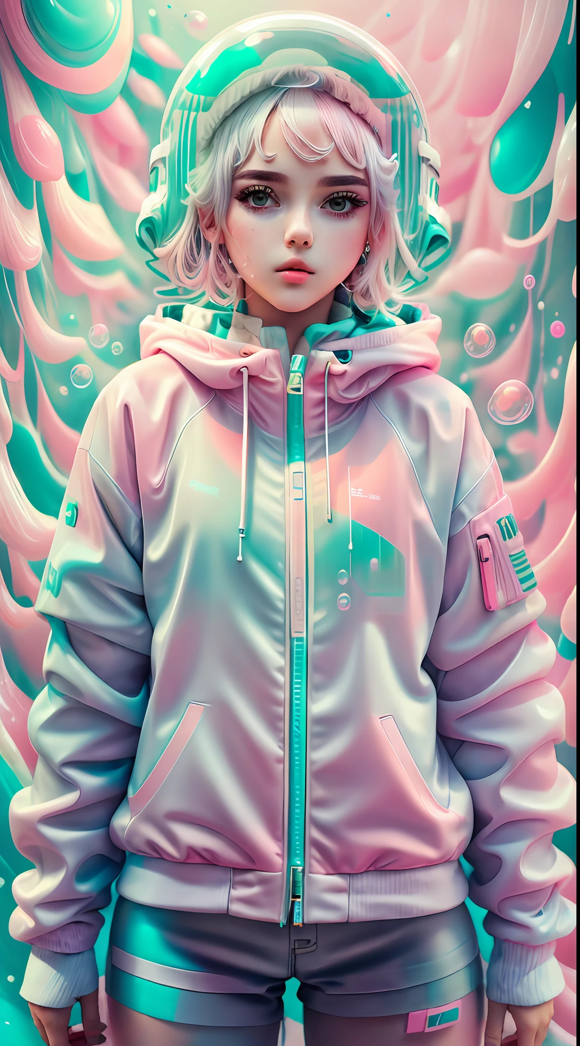 white,totally white,pastel colors,(bubble drip)1girl with techwear clothes,sexy,circular shapes on background(bubble drips)melt