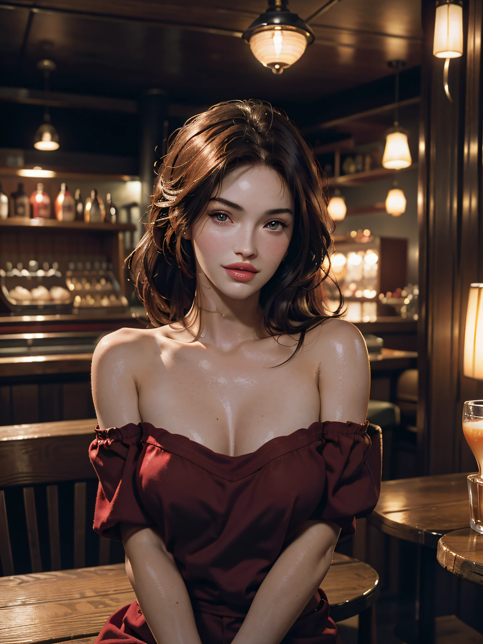 Best Quality, Masterpiece, Ultra High Resolution, (Realistic: 1.4), Original Photo, 1 Girl, Smiling and Bare Shoulder, Film Lighting, (Megan Fox: 1.2), Holding Vintage Camera, Cafe Style, Moody Lights, Red Head, Light Through Hair