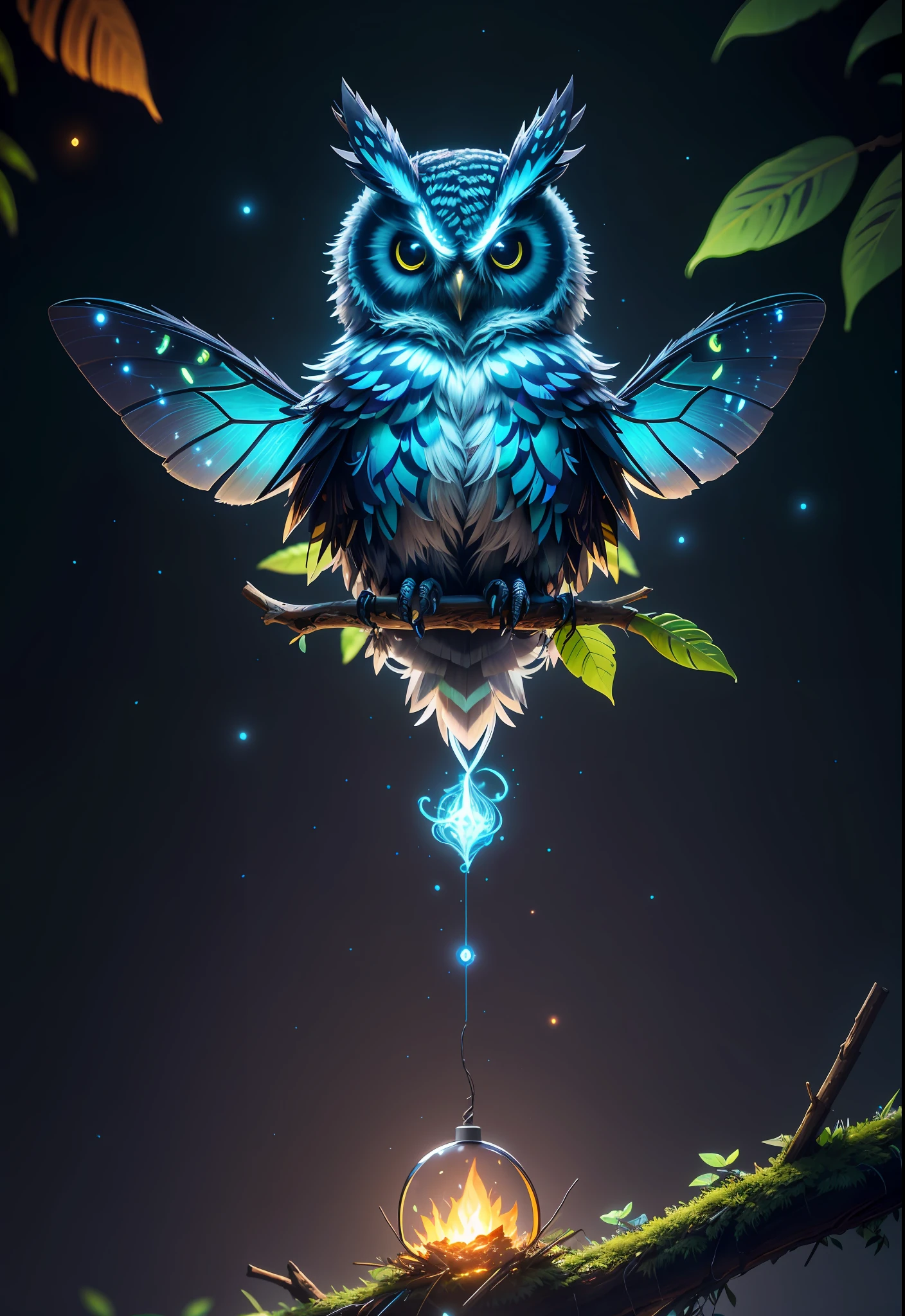 Masterpiece, best quality, extremely beautiful reflection, best reflection. (Very detailed CG unity 8k wallpaper), (best quality), (best illustration), (best shadow), a photo of a cybernetic owl, perched on barbed wire in a dark alley. His eyes are neon blue, reflecting the lights of the surrounding city. The feathers are fragmented and iridescent, and there is a wonderful code running through them. The shots used create a deformation effect, giving the impression that an owl is observing the viewer from all angles, with a forest theme with natural elements. Tall trees, quiet stream, glowing small mushrooms surrounded by delicate leaves and branches, and fireflies and glowing particle effects, (natural elements), (jungle theme), (leaves), (branches), (fireflies), butterflies, (delicate leaves), (glow), (particle effects), isometric 3D, Octane rendering, ray tracing, super detailed