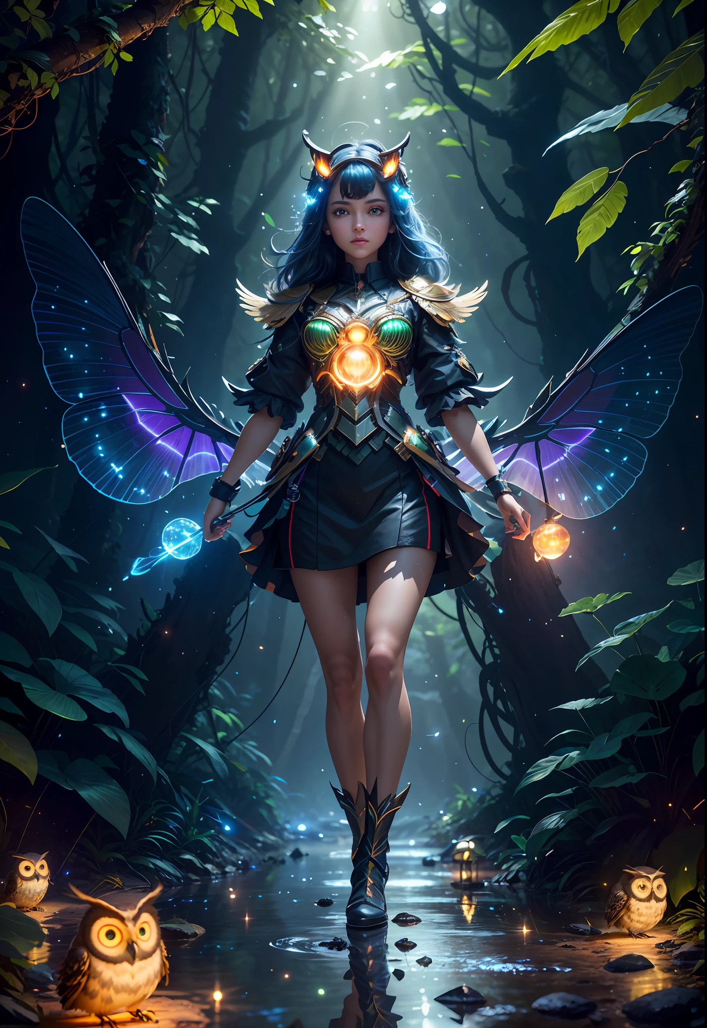 Masterpiece, best quality, extremely beautiful reflection, best reflection. (Very detailed CG unity 8k wallpaper), (best quality), (best illustration), (best shadow), a photo of a cybernetic owl, perched on barbed wire in a dark alley. His eyes are neon blue, reflecting the lights of the surrounding city. The feathers are fragmented and iridescent, and there is a wonderful code running through them. The shots used create a deformation effect, giving the impression that an owl is observing the viewer from all angles, with a forest theme with natural elements. Tall trees, quiet stream, glowing small mushrooms surrounded by delicate leaves and branches, and fireflies and glowing particle effects, (natural elements), (jungle theme), (leaves), (branches), (fireflies), butterflies, (delicate leaves), (glow), (particle effects), isometric 3D, Octane rendering, ray tracing, super detailed