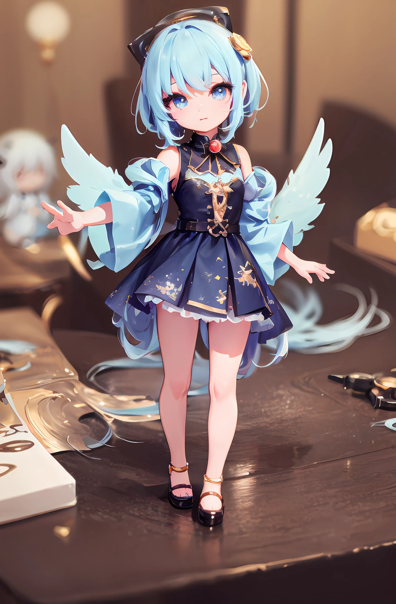 One angel doll standing on the table, 8K high quality detail art, one anime angel, style as Nendoroid, stylized anime, anime style 4K, cute detailed digital art, Guweiz style artwork, 8K octar rendering photos, advanced digital chibi art, cute 3D rendering, anime style. 8k