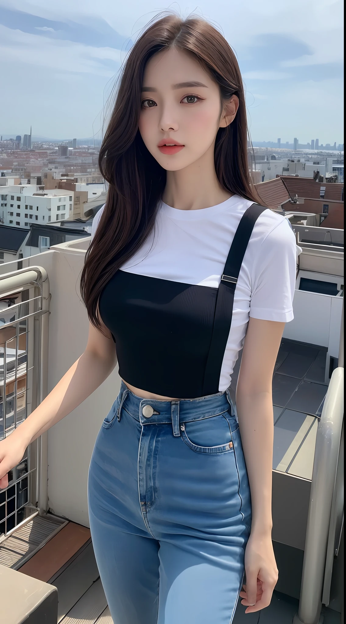 ((Midnight, Best quality, 8k, Masterpiece :1.3)), Whole body, Long legs, Sharp focus :1.2, A pretty woman with perfect figure :1.4, Slender abs :1.1, ((Dark brown hair, Big breasts :1.2)), (White tight tshirt, Jean bib, Standing:1.2), ((Night city view, Rooftop:1.3)), Highly detailed face and skin texture, Detailed eyes, Double eyelid
