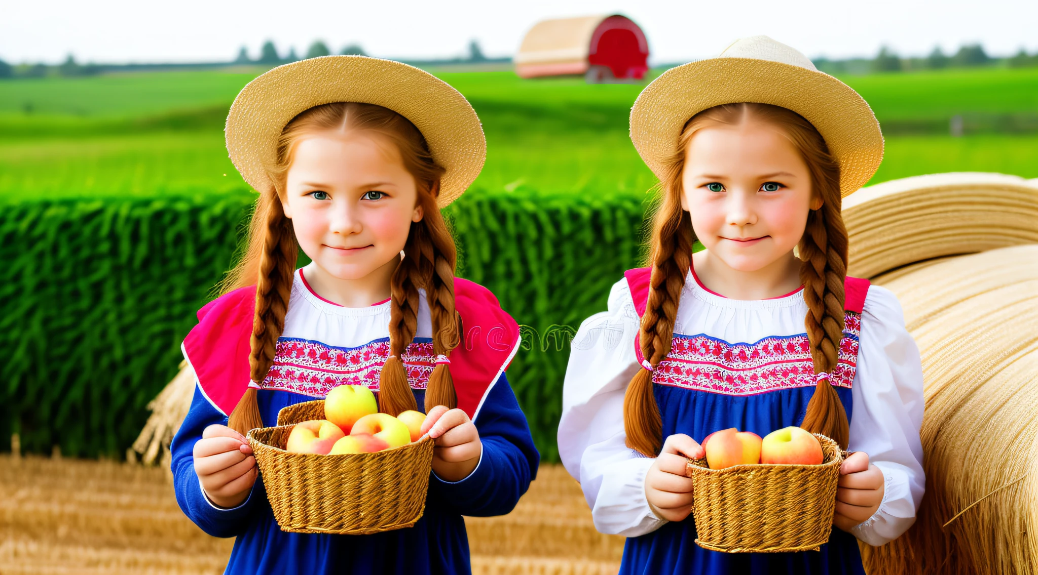 Russian style, children girl, portrait, long red hair of braids with hat, farmer style, with rolls of hay and wheat and horse, barns, apples.