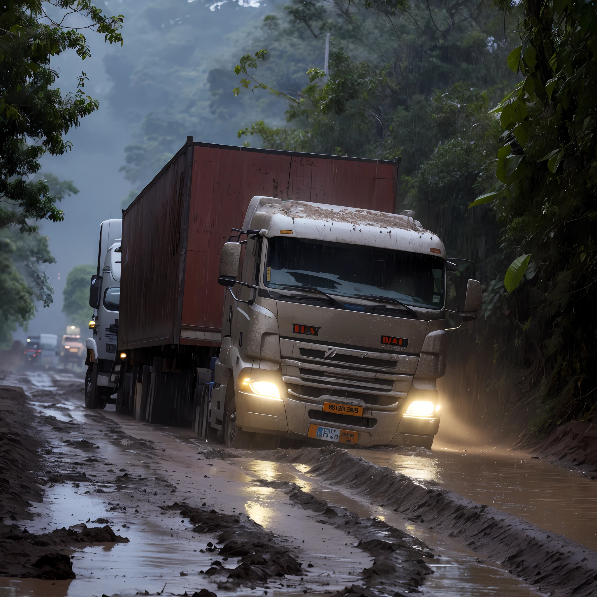 a truck stuck in mud and mud on a dirt road in the middle of the amazon in the rainy season