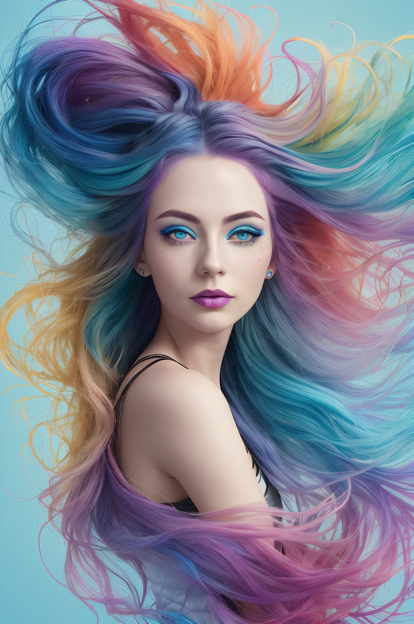 arafed woman with colorful hair and blue eyes posing for a picture, rainbow colored hair, rainbow hair overlay, long glowing colourful hair, multicolored hair, rainbow hair, color portrait, colourful long hair, colorful hair, colored hair, bright colored streaks of hair, light iridescent hair color, vibrant pastel colors, colorful illustration, colorful photo, vibrant hair