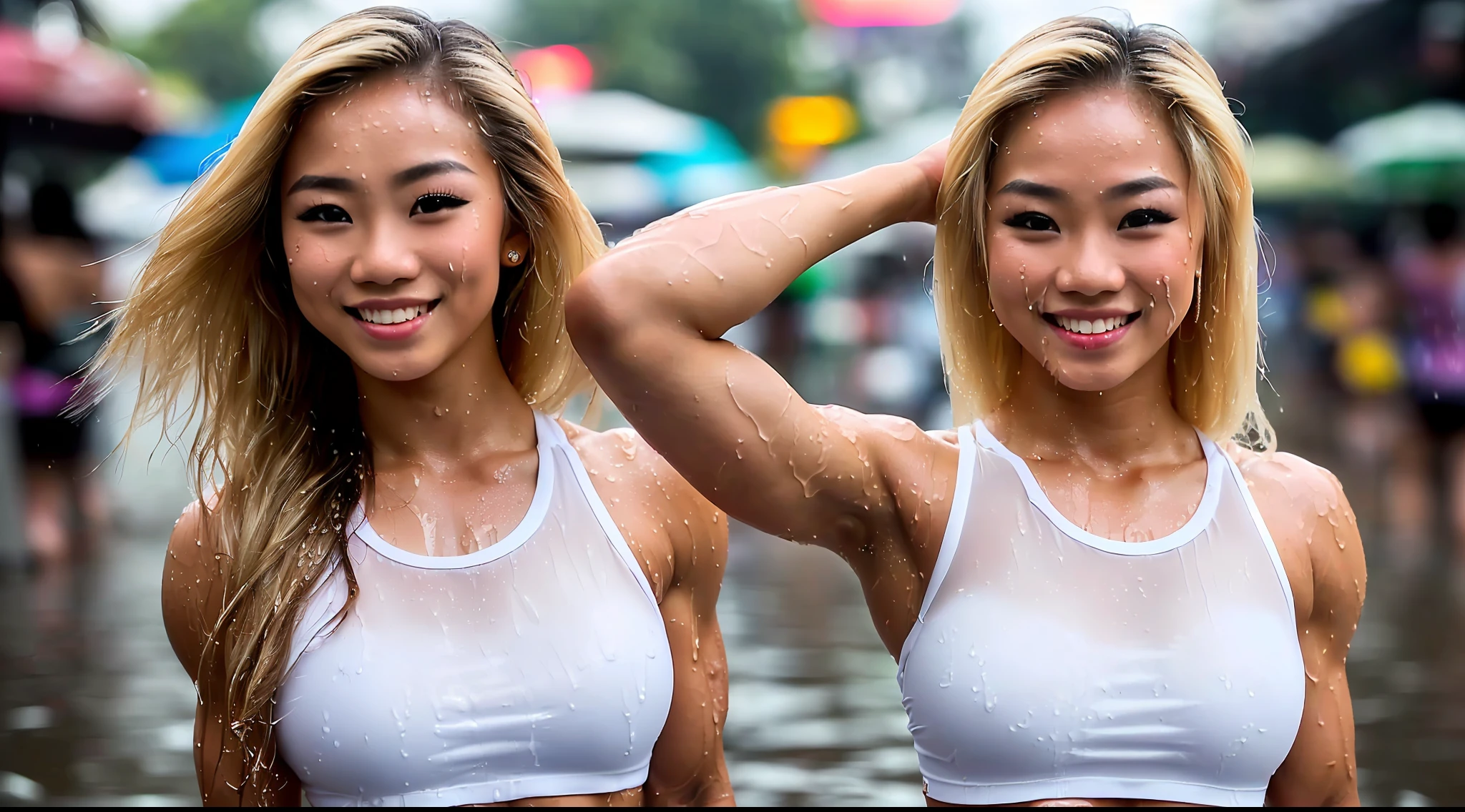 a group of beautiful young Thai women with blond hair and a bodybuilder physique, wearing a wet white top, wet hair on the street, smile, taking selfie, cinematic, Key light, backlight, natural lighting, photography 400 ISO film grain 30mm lens RAW aperture f1.8, art photographer, intricate