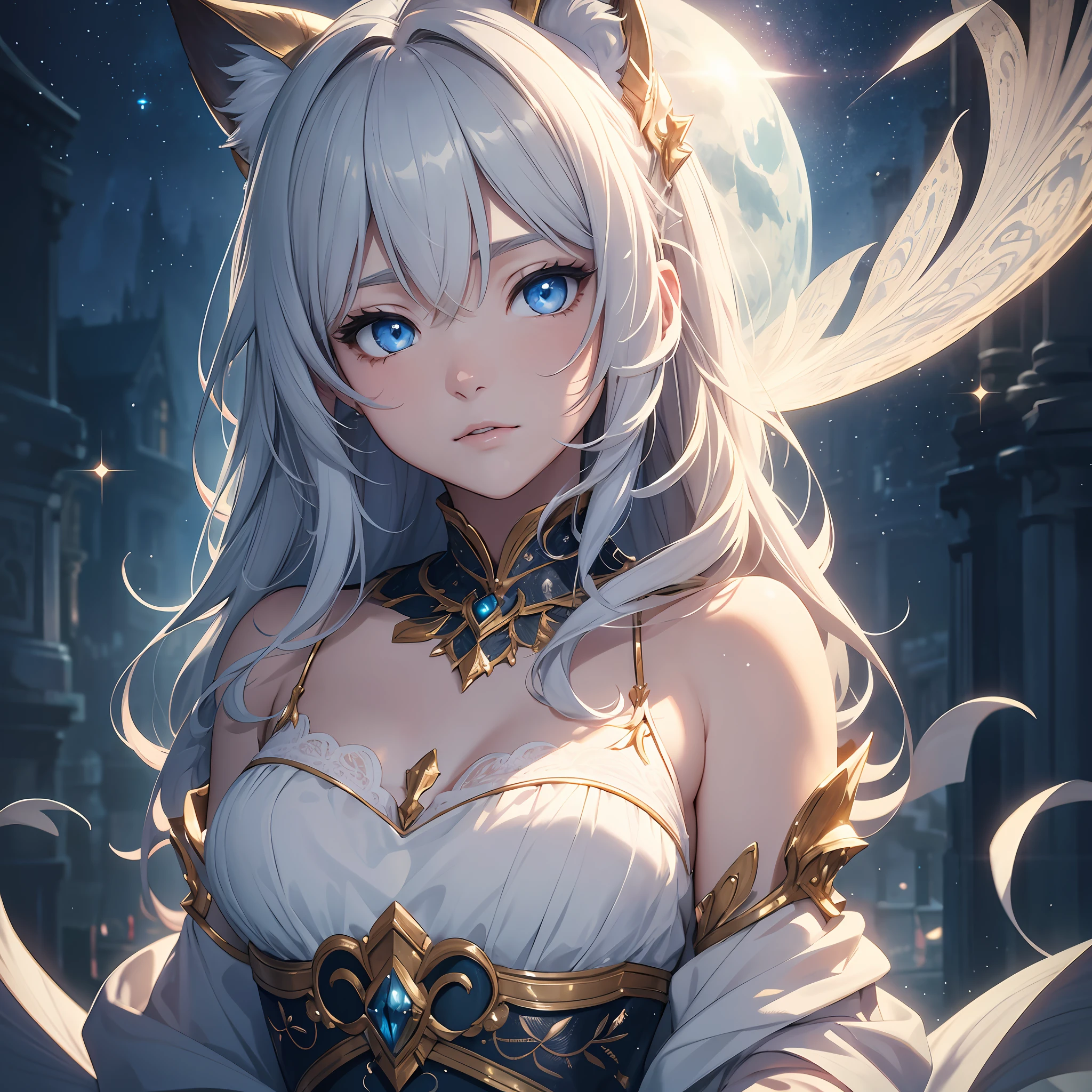 top quality, masterpiece, illustration, very delicate and beautiful, very detailed, cg , unity, 8k wallpaper, amazing, fine detail, masterpiece, best quality, official art, highly detailed cg unity 8k wallpaper, absurdity, incredibly absurd, ultra detailed, high resolution, highly detailed, detailed light, cinematic lighting, lens flare, light leakage, sunlight, glow, beautiful detailed glow, beautiful detailed girl, Highly detailed eyes and face, Beautiful detail eyes, M, illustration, (Very delicate and beautiful:1.2), cinematic angles,(Beautiful detail eyes:1.1), (Detail light:1.1),Movie lighting, Beautifully detailed sky, White long hair, (Blue eyes), (High ponytail:1.1), Glowing eyes, (Mon:1.2), (Moonlight:1.1), Starry sky, (Lighting particles:1.1), (Cat ears), Adult Woman, 1 girl