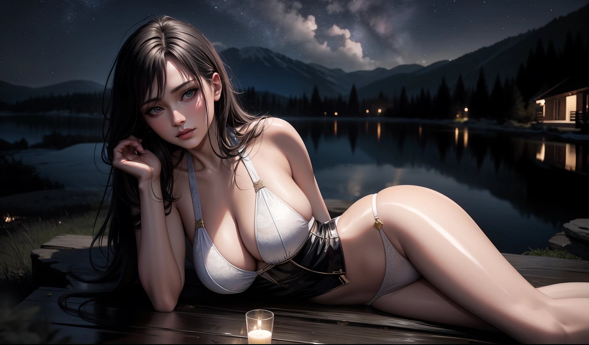 Top quality, masterpiece, detail, most realistic, high resolution, adult movie star, realistic breasts, beautiful body, movie, ite body, hourglass body, hot spring, countryside, night, white underwear, seduction, make erotic face, make erotic face, starry sky,
