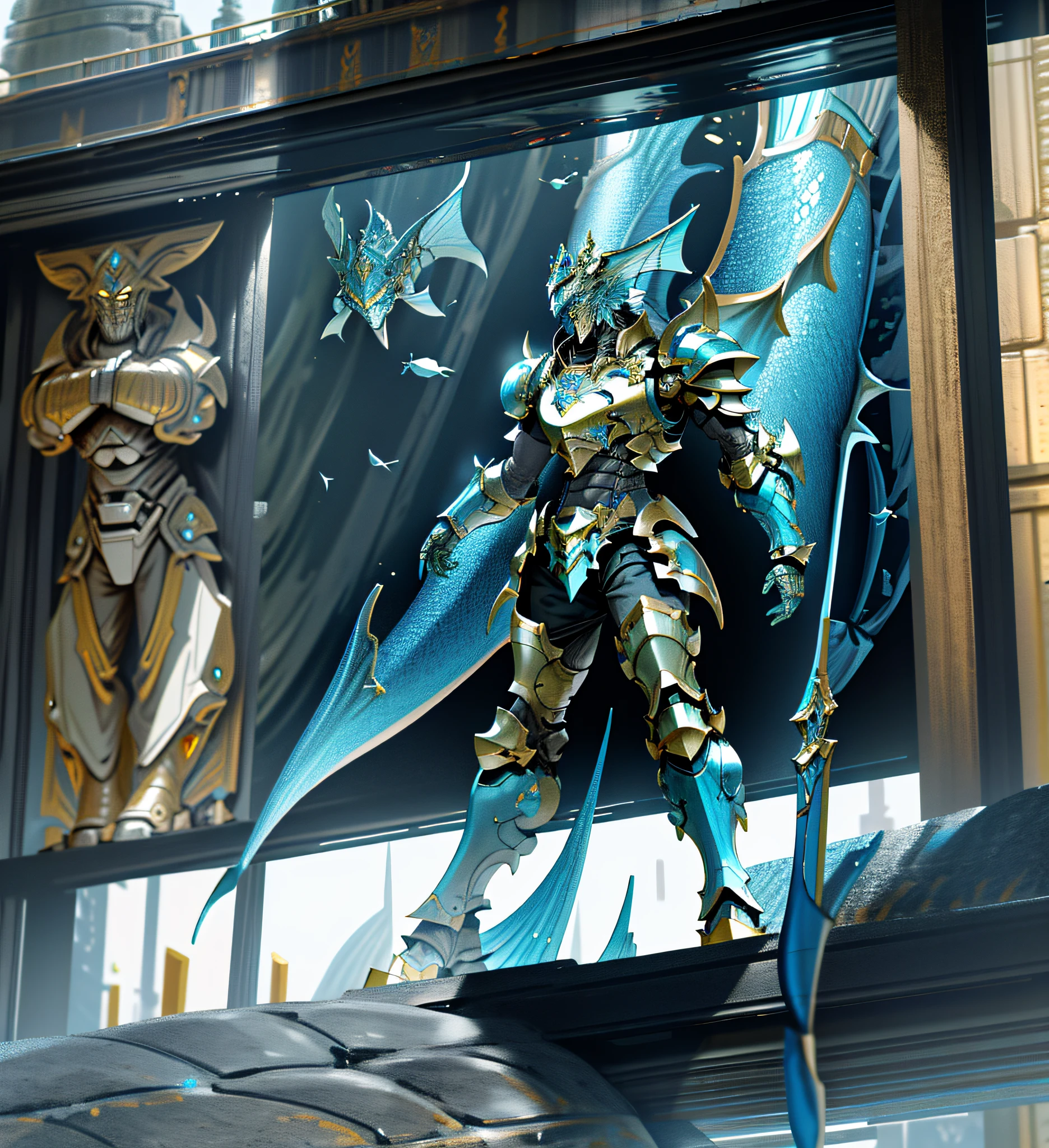 Tough armour, old, inorganic giants, golems, fantasy, super robots, ancient civilisations, Full Body, solo, Fish, scales and fins, Blue armour,