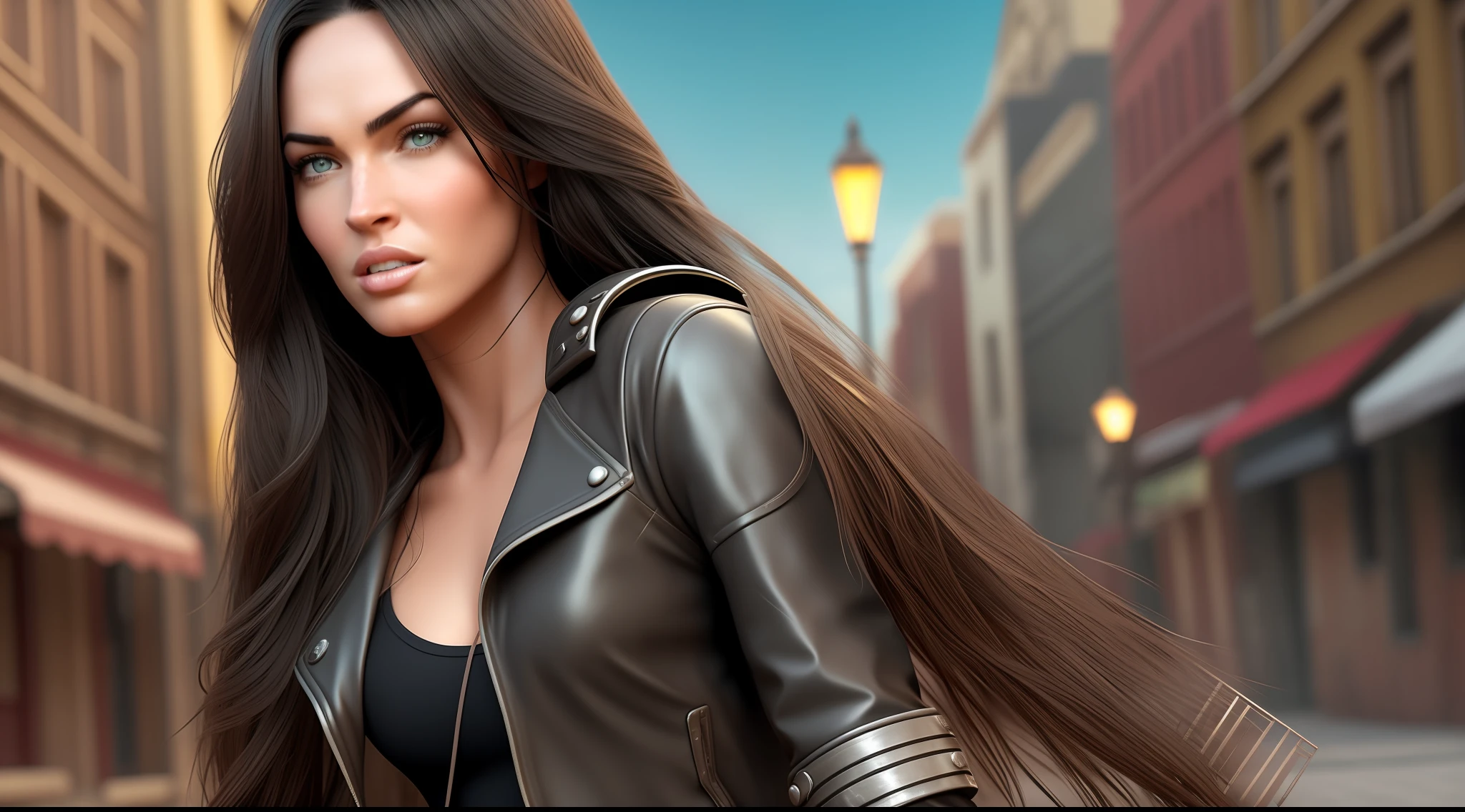 "Generate an image of a character in the following setting: 

Character Appearance: 

- The character's face should resemble Megan Fox's with an extremely realistic depiction, ensuring an extremely detailed face representation. 

**(realistic) (photorealistic: 1.2) (best quality: 1.2) (detailed face: 1.4)**

-The character should have brown color almond-shaped eyes. **(beautifully detailed eyes: 1.2)** 

- The character's body should match Megan Fox's. 

- Dress the character in a cyberpunk-style outfit. 

- Show the character in a full-body view. 

- The character should have ultra black hair reaching waist length.

Environment: 

- Depict the character in urban historic center, cobblestone pavement, antique lighting, old church, square.

- Ensure the location is empty, without any people present. 

- Generate the image at an 8K resolution. To avoid distortion in the character's face, please consider the following parameters: 

- Apply a suitable level of smoothing to preserve facial details while reducing noise. 

- Adjust the sharpness parameter to maintain facial features without excessive blurring. 

- Generate the image at a high resolution of 8K to ensure clarity and fine details. - Maintain a balanced color representation to accurately depict the character's appearance. 

Produce an image that combines all these elements to create a visually appealing, realistic, and detailed depiction of the character in the specified environment, showcasing the character in a standing position. Ensure the character's  featuring ultra black, extremely straight hair reaching the waist. Ensure that the eyes are brown color.