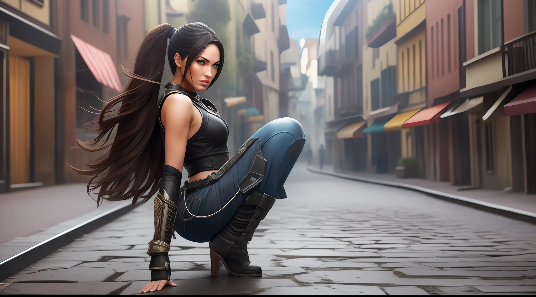 "Generate an image of a character in the following setting:
Character Appearance:
- The character's face should resemble Megan Fox's with an extremely realistic depiction, ensuring an extremely detailed face representation.
**(realistic) (photorealistic: 1.2) (best quality: 1.2) (detailed face: 1.4)**
-The character should have brown color almond-shaped eyes. **(beautifully detailed eyes: 1.2)**
- The character's body should match Megan Fox's.
- Dress the character in a cyberpunk-style outfit.
- Show the character in a full-body view.
- The character should have ultra black hair reaching waist length.
Environment:
- Depict the character in urban historic center, cobblestone pavement, antique lighting, old church, square.
- Ensure the location is empty, without any people present.
- Generate the image at an 8K resolution. To avoid distortion in the character's face, please consider the following parameters:
- Apply a suitable level of smoothing to preserve facial details while reducing noise.
- Adjust the sharpness parameter to maintain facial features without excessive blurring.
- Generate the image at a high resolution of 8K to ensure clarity and fine details. - Maintain a balanced color representation to accurately depict the character's appearance.
Produce an image that combines all these elements to create a visually appealing, realistic, and detailed depiction of the character in the specified environment, showcasing the character in a standing position. Ensure the character's featuring ultra black, extremely straight hair reaching the waist. Ensure that the eyes are brown color.