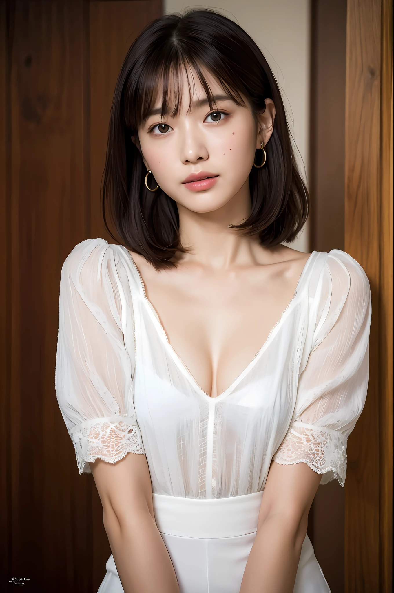 (8k, RAW photos, top quality, masterpieces: 1.2), super detail, ultra high resolution, (photorealistic, photorealistic photos: 1.37), portraits, high detail RAW color photos, professional photos, particle texture photos, very delicate and beautiful, very detailed, 8k wallpapers, amazingly detailed details, huge file size, official art, Highly detailed CG Unity 8k wallpaper, very detailed beautiful girl, very detailed face, Very detailed eyes, very detailed skin, very detailed fingers, very detailed nose, very detailed mouth, perfect anatomy, very detailed background, very detailed clothes, 1 girl, (20 years old: 1.2), 20s, cute girl, realistic body, petite face pores, fine facial freckle marks, rough skin, slender body, handsome body, dark hair, short hair, (bangs: 1.2), smile, cute, youth, cute face, realistic face, delicate eyes, drooping eyes, white T-shirt, brazier chest exposed, very short skirt, earrings, viewer view, cowboy shot, facing forward, standing position, counterpoint, dynamic lighting, very large breasts, the shape of the chest is well revealed, cowboy shot,