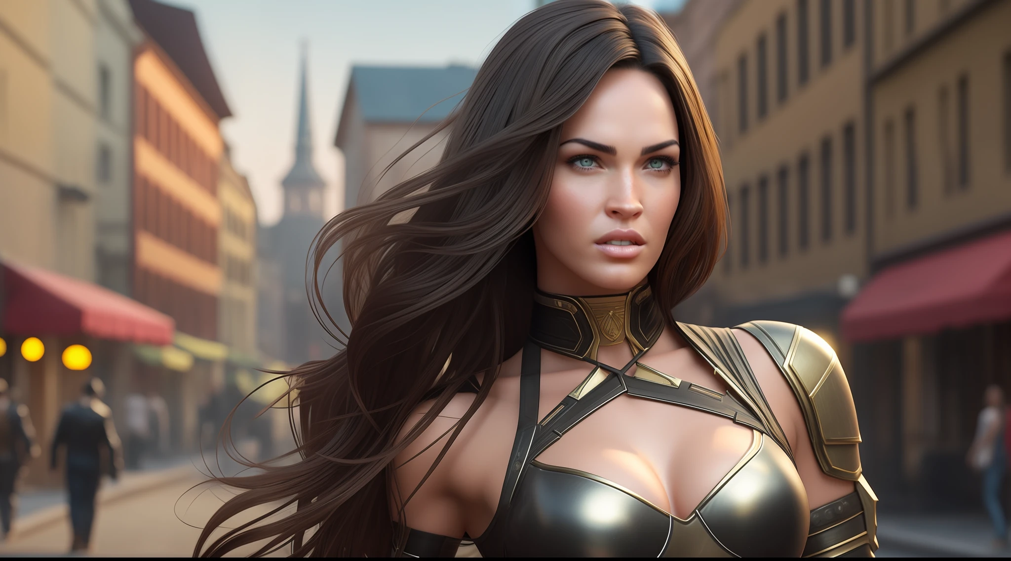 "Generate an image of a character in the following setting:
Character Appearance:
- The character's face should resemble Megan Fox's with an extremely realistic depiction, ensuring an extremely detailed face representation.
**(realistic) (photorealistic: 1.2) (best quality: 1.2) (detailed face: 1.4)**
-The character should have brown color almond-shaped eyes. **(beautifully detailed eyes: 1.2)**
- The character's body should match Megan Fox's.
- Dress the character in a cyberpunk-style outfit.
- Show the character in a full-body view.
- The character should have ultra black hair reaching waist length.
Environment:
- Depict the character in urban historic center, cobblestone pavement, antique lighting, old church, square.
- Ensure the location is empty, without any people present.
- Generate the image at an 8K resolution. To avoid distortion in the character's face, please consider the following parameters:
- Apply a suitable level of smoothing to preserve facial details while reducing noise.
- Adjust the sharpness parameter to maintain facial features without excessive blurring.
- Generate the image at a high resolution of 8K to ensure clarity and fine details. - Maintain a balanced color representation to accurately depict the character's appearance.
Produce an image that combines all these elements to create a visually appealing, realistic, and detailed depiction of the character in the specified environment, showcasing the character in a standing position. Ensure the character's featuring ultra black, extremely straight hair reaching the waist. Ensure that the eyes are brown color.