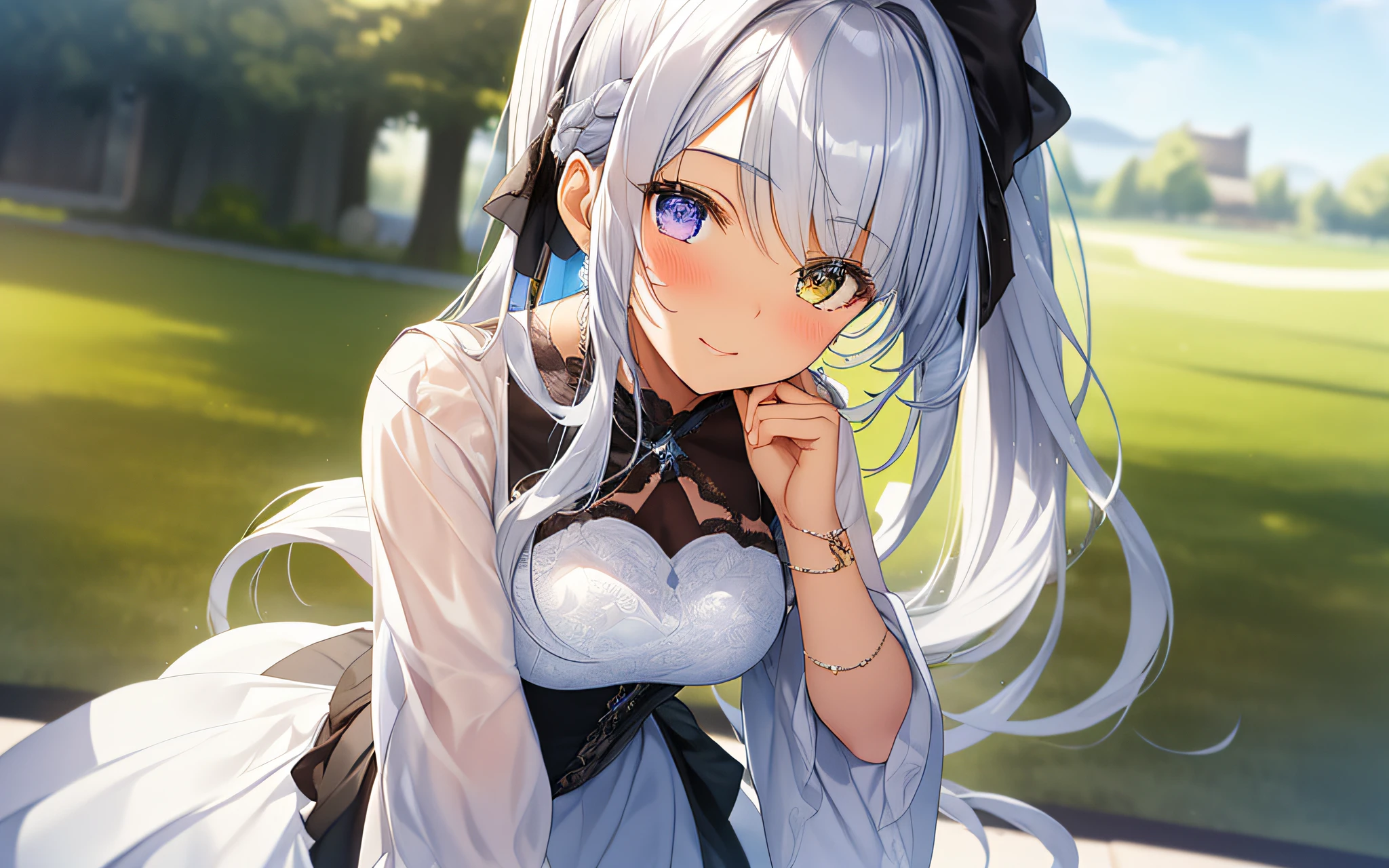 masterpiece, top quality, photorealistic, ultra-detailed, delicate, methodical, high detail, (cute), beautiful, majestic, shiny, shiny skin,bluish-silver ponytail, drooping heterochromic iris, , girl with a gentle smile, shy girl, slender,
Game CG, Dynamic Angle, Dutch Angle, Cowboy Shot, Blurred Background, Deep Shadow,