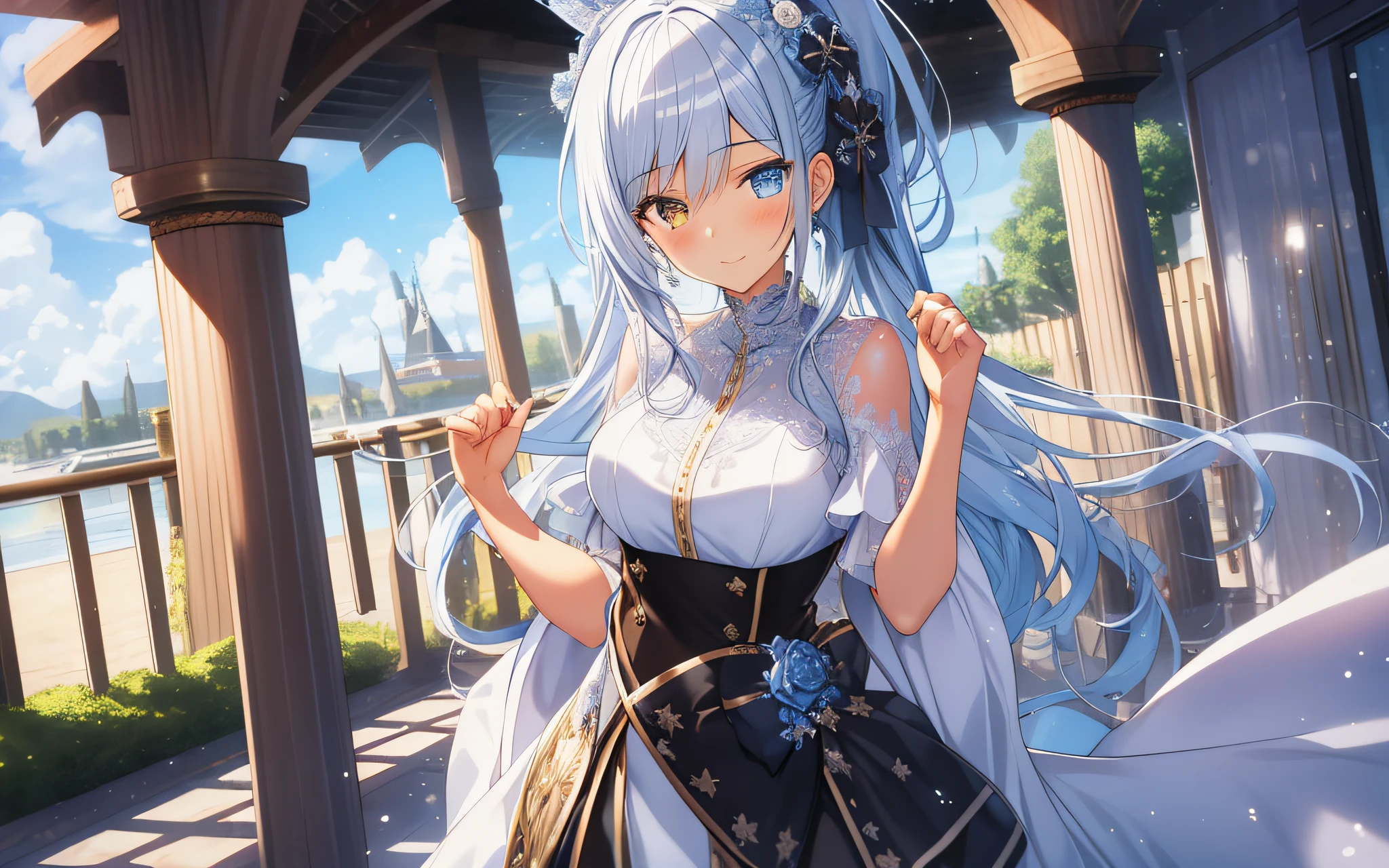 masterpiece, top quality, photorealistic, ultra-detailed, delicate, methodical, high detail, (cute), beautiful, majestic, shiny, shiny skin,bluish-silver ponytail, drooping heterochromic iris, 15 years old, girl with a gentle smile, shy girl, slender,
Game CG, Dynamic Angle, Dutch Angle, Cowboy Shot, Blurred Background, Deep Shadow,