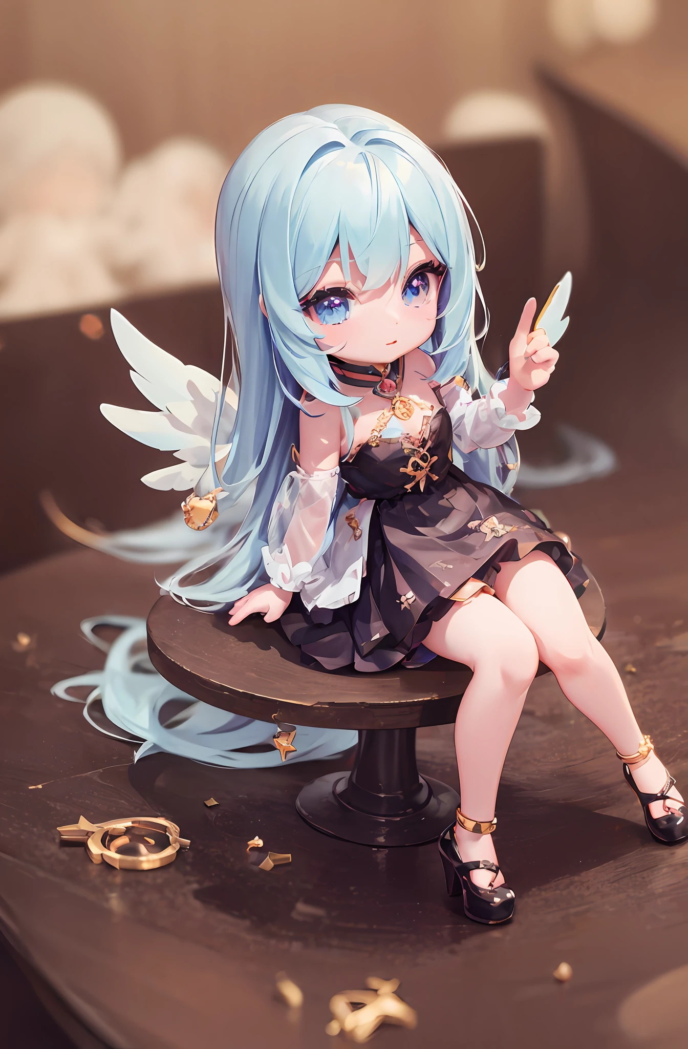 One angel doll on the table, 8K high quality detail art, 1 anime angel, style as Nendoroid, stylized anime, anime style 4K, cute detailed digital art, Guweiz style artwork, 8K octar rendering photos, advanced digital chibi art, cute 3D rendering, anime style. 8k
