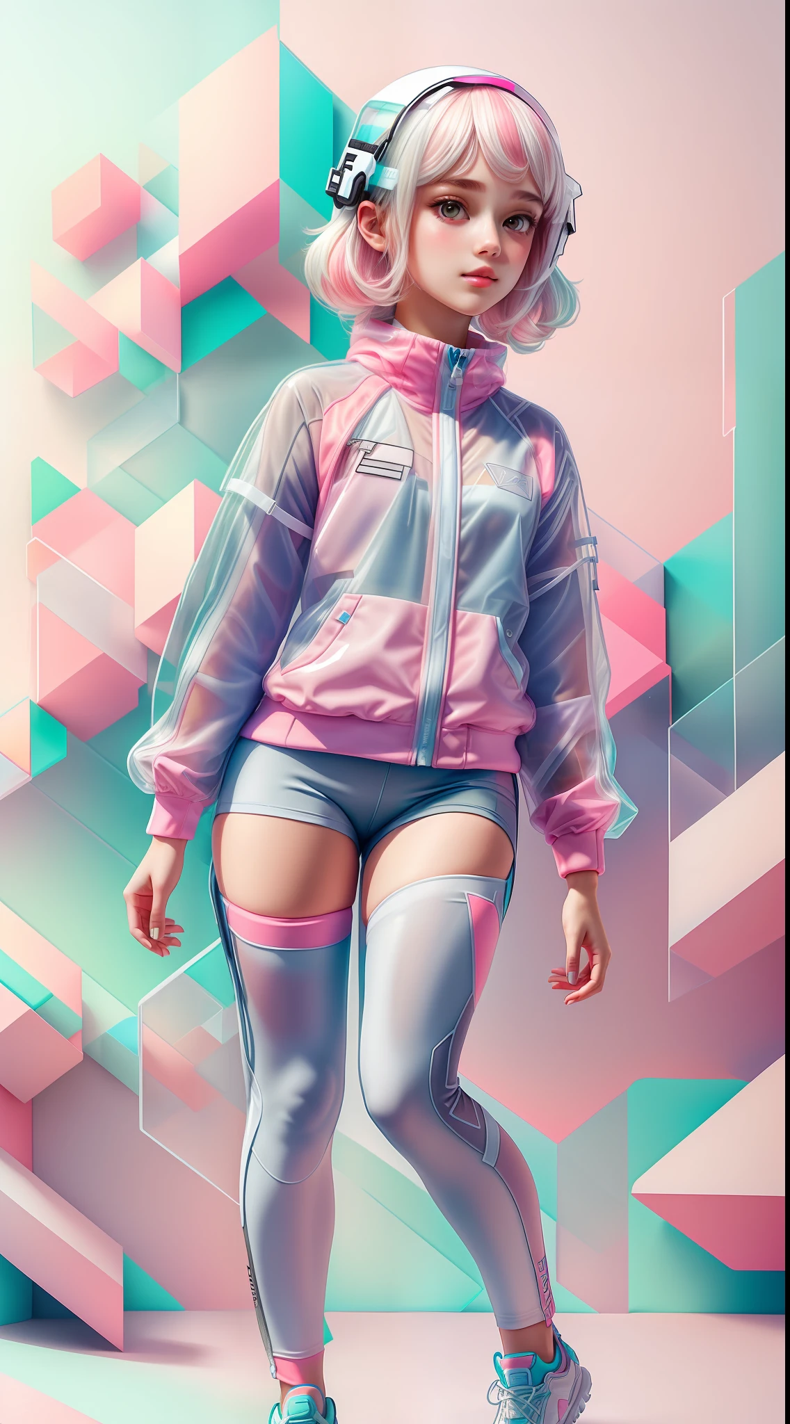 white,totally white,pastel colors,1girl with techwear clothing(transparent:1.2)geometric:1.3,sexy,papercute background