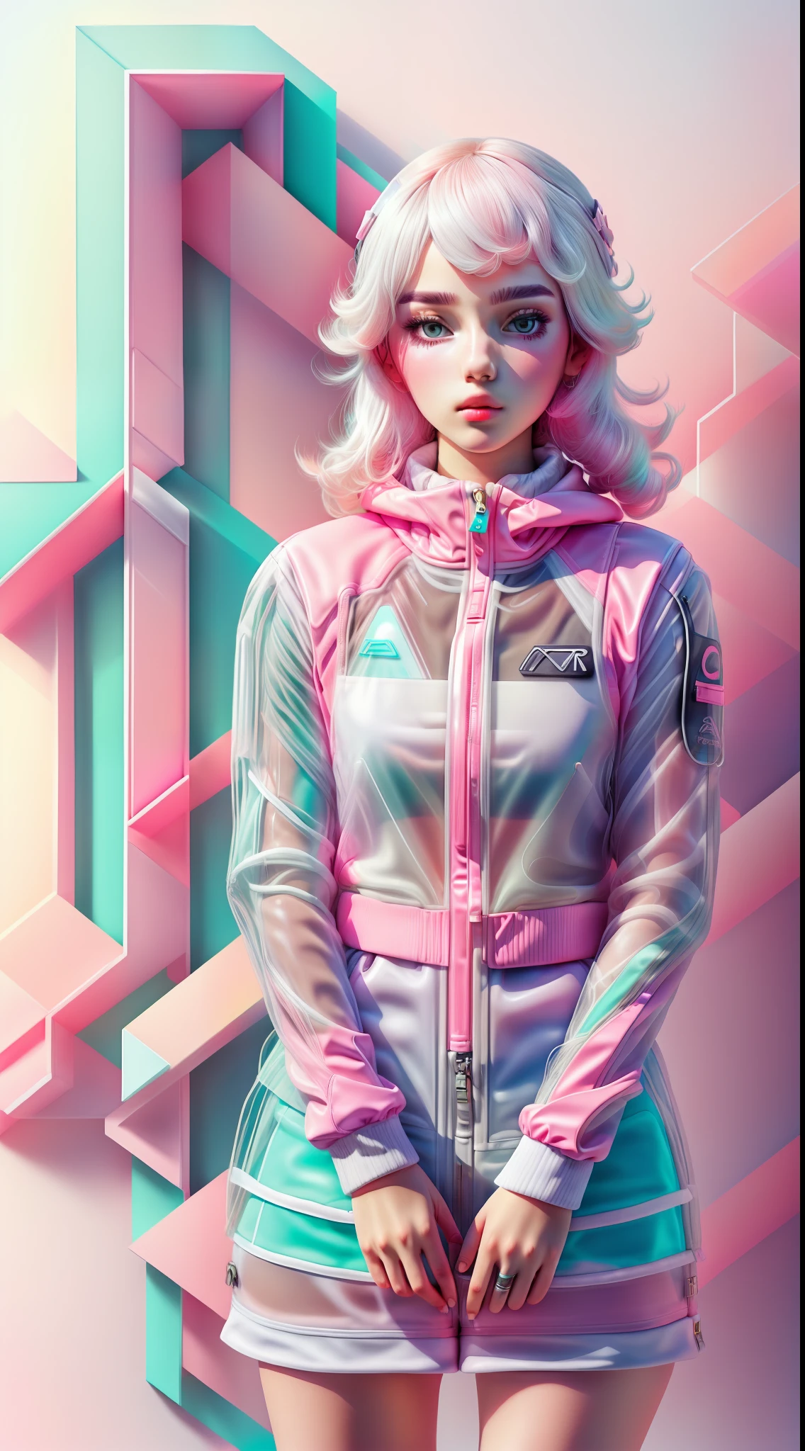 white,totally white,pastel colors,1girl with techwear clothing(transparent:1.2)geometric:1.3,sexy,papercute background