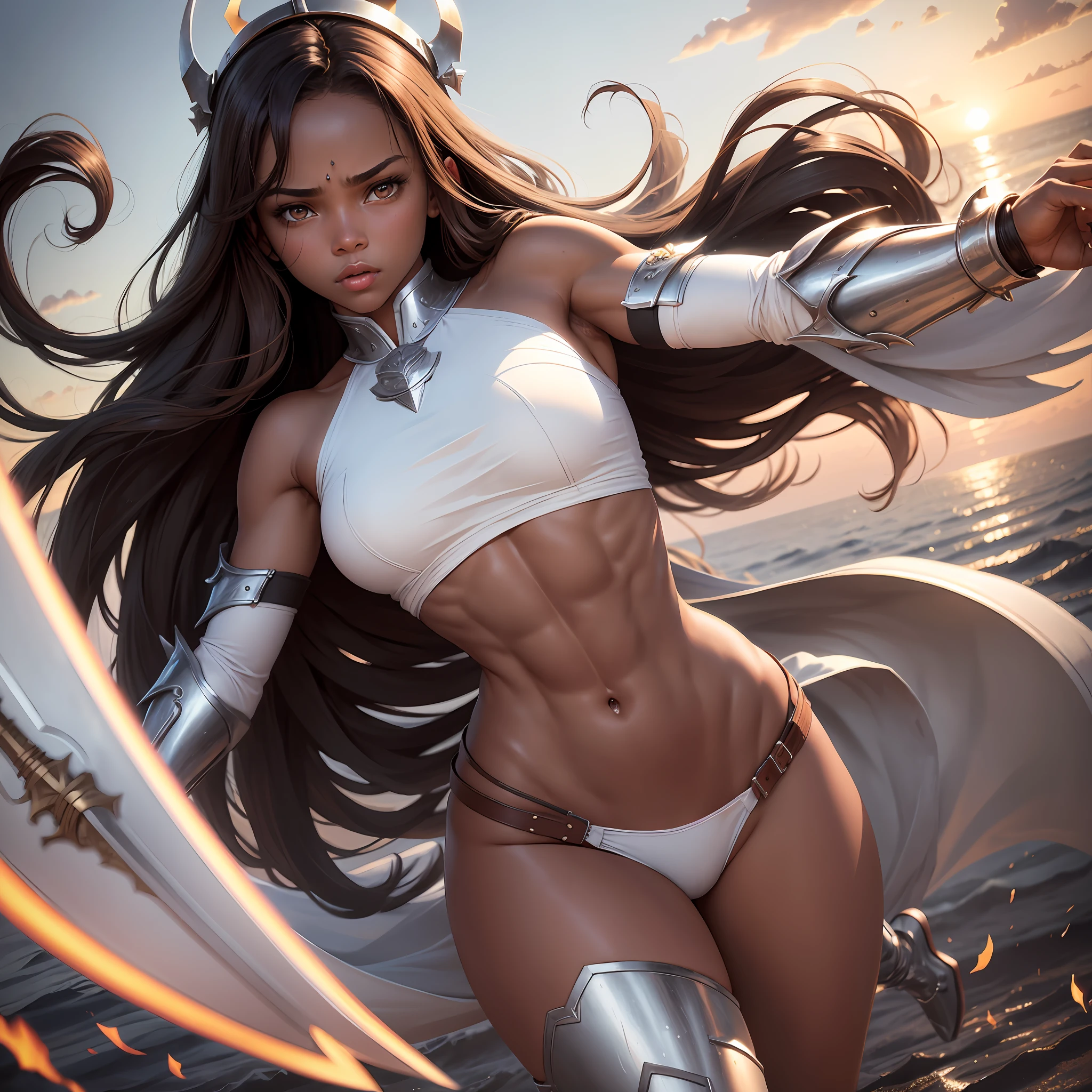 1angel_girl, , brown_hair, medium_hair, (dark_skin)+, bare_shoulder, (bare_navel)0.8, thighs,silver_shiny_armor, white_clothes,waist_armor, hold_sword_hilt, medium_breasts, angry, dynamic_pose_fighting, floating, (1pair_white_wings),(abs)0.9, sunset_background,(pelvic_curtain)++, headgear ,slightly_spread_legs,multiple_shiny_swords_floating_around_the_girl
