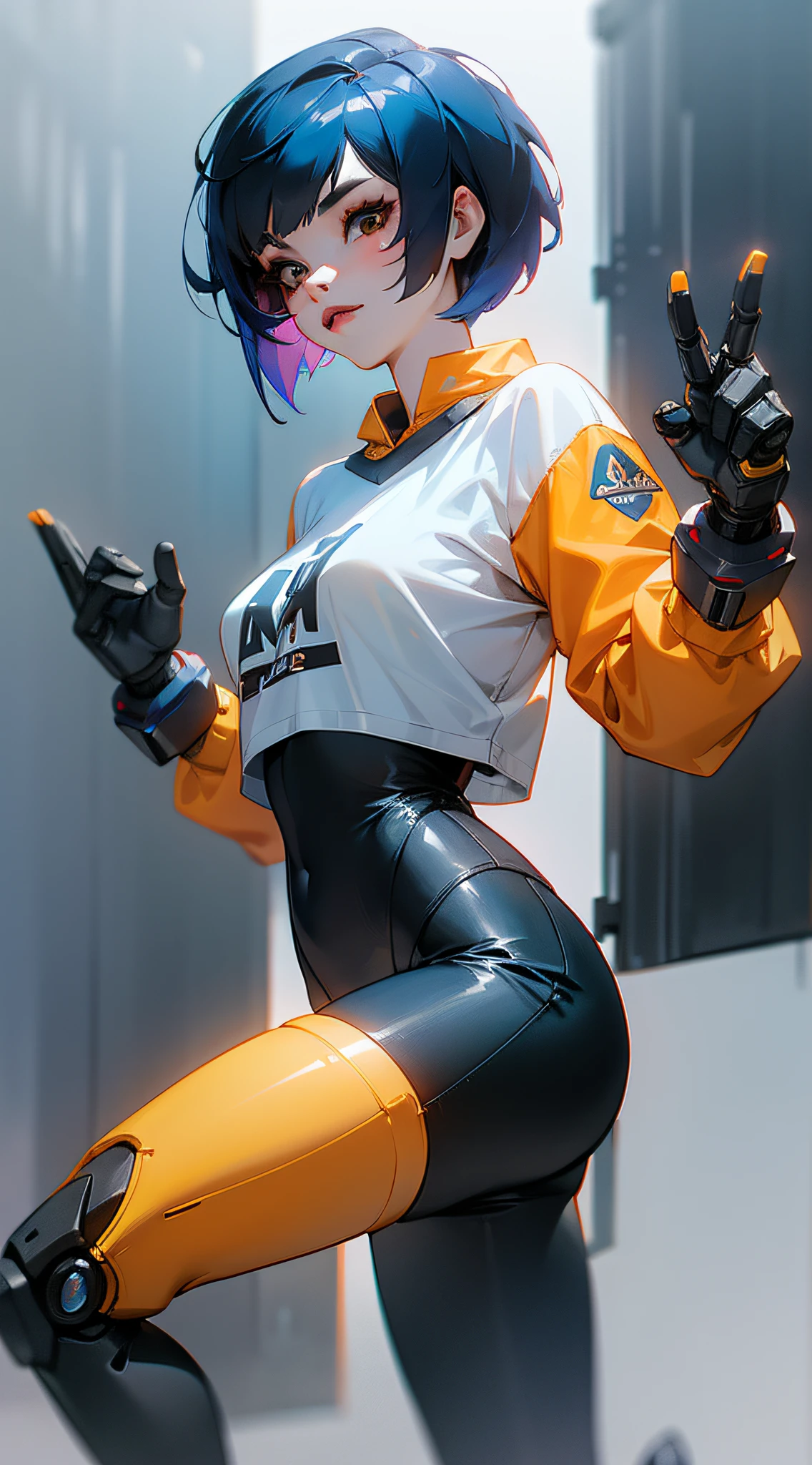 a woman with short blue hair and black lipstick, inspired by Leng Mei, d. va of Overwatch, full-body 3D anime style, with a baggy white T-shirt, black leggings and white running shoes and with black gloves and a light short orange jacket, her right arm, and a black robotic prosthetic