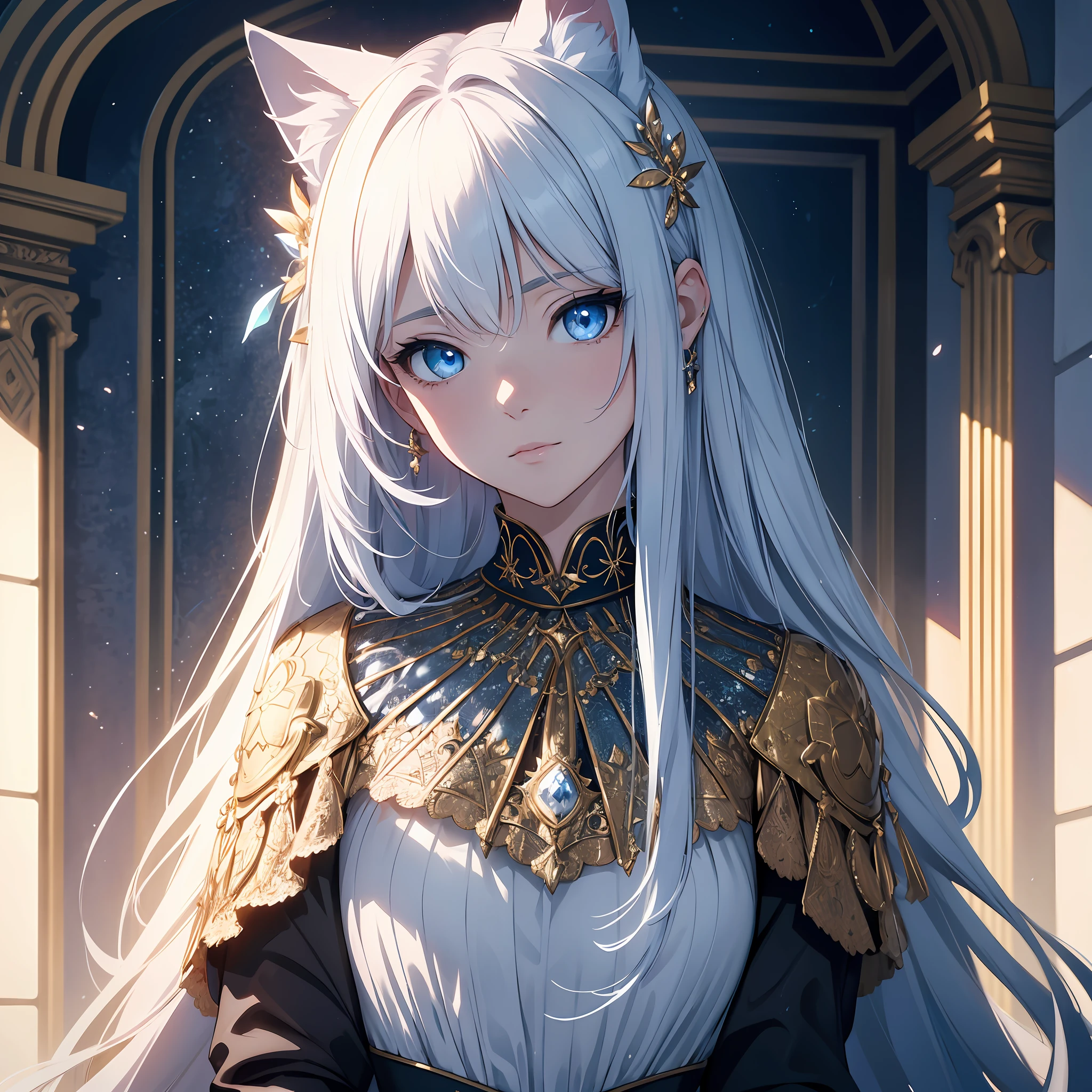 top quality, masterpiece, illustration, very delicate and beautiful, very detailed, cg , unity, 8k wallpaper, amazing, fine detail, masterpiece, best quality, official art, highly detailed cg unity 8k wallpaper, absurdity, incredibly absurd, ultra detailed, high resolution, highly detailed, detailed light, cinematic lighting, lens flare, light leakage, sunlight, glow, beautiful detailed glow, beautiful detailed girl, Highly detailed eyes and face, Beautiful detail eyes, M, illustration, (Very delicate and beautiful:1.2), cinematic angles,(Beautiful detail eyes:1.1), (Detail light:1.1),Movie lighting, Beautifully detailed sky, White long hair, (Blue eyes), (High ponytail:1.1), Glowing eyes, (Mon:1.2), (Moonlight:1.1), Starry sky, (Lighting particles:1.1), (Cat ears), Adult Woman, 1 girl
