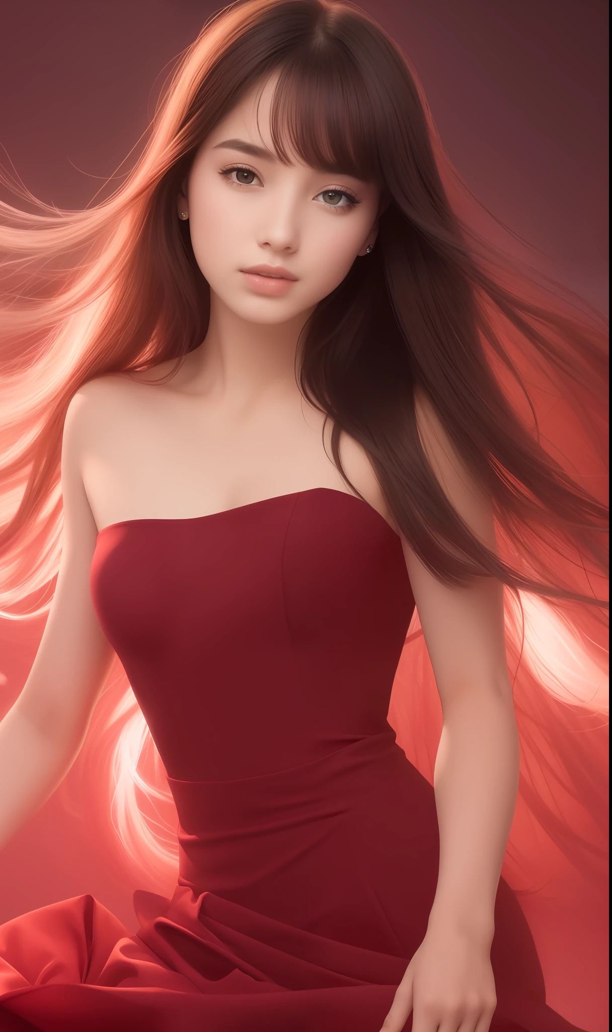 Solo girl portrait, nice perfect face with soft skin, small face with nose and rose-like lips, beautiful eyes, beautiful smile. Black and thin long beautiful hair, bathed in a bright etheric glow, red dress, floating), (lavender background), (top quality, 8k, game CG, photorealistic, wallpaper), (red | green | blue | black | white color), Raphael, USA: 0.5