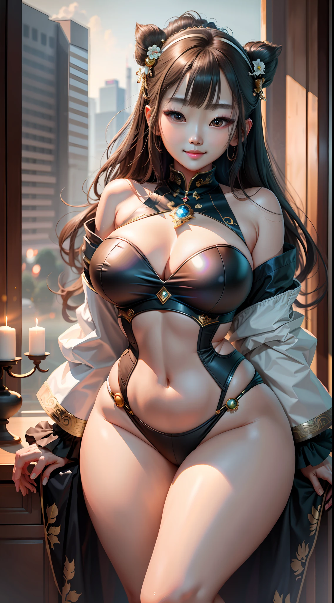 Masterpiece, maximum quality, ultra high resolution, 8k, Korean girl (extremely beautiful), full body, thin, detailed face, detailed eyes, mischievous smile, wide hips, thick thighs, smooth and soft pellet