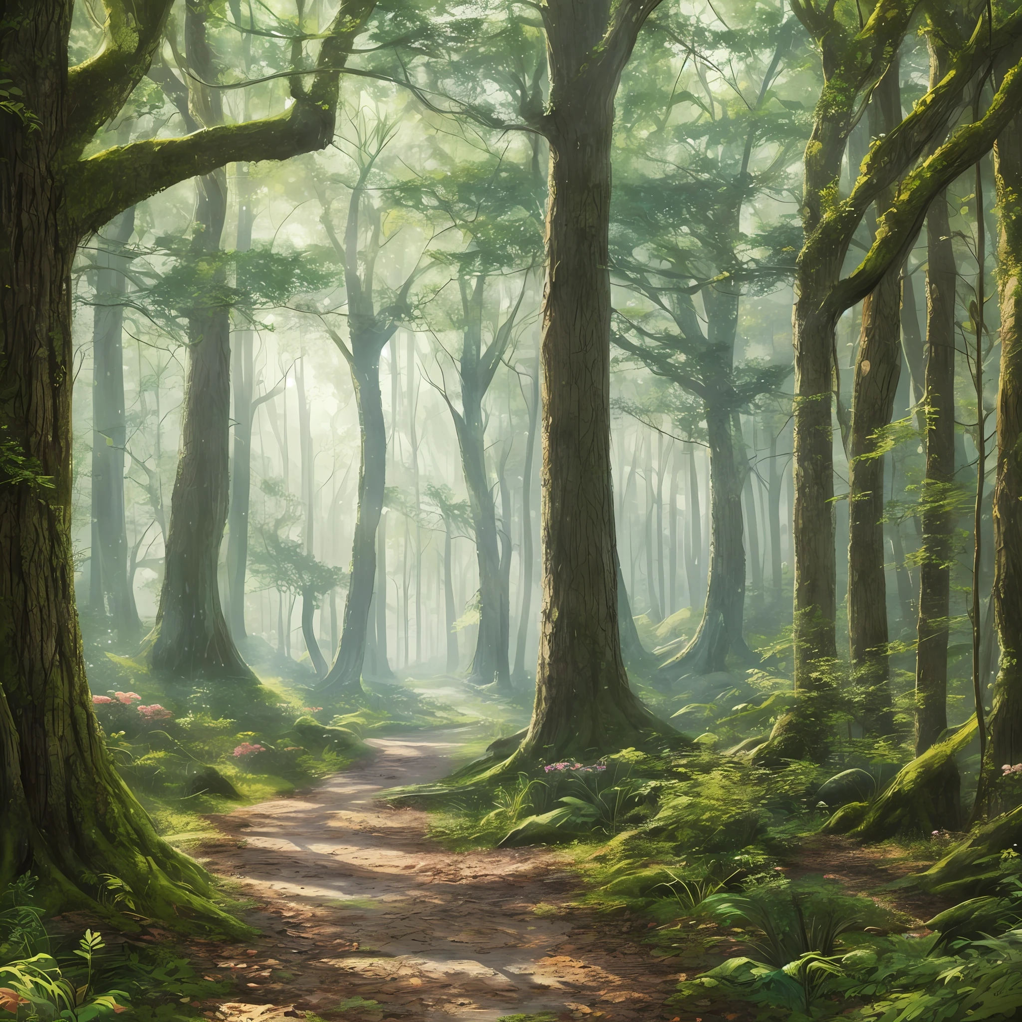 masterpiece, best quality, high quality, extremely detailed 8k wallpaper of CG unit, a charming scene of a fantasy forest, with tall trees, creating a sense of mystique and enchantment, artistic station, digital illustration, trend, pastel colors, oil painting, award-winning photography, depth of field, HDR, flower,, extremely detailed, trend in artstation, trend in CGsociety,  high detail, --auto --s2