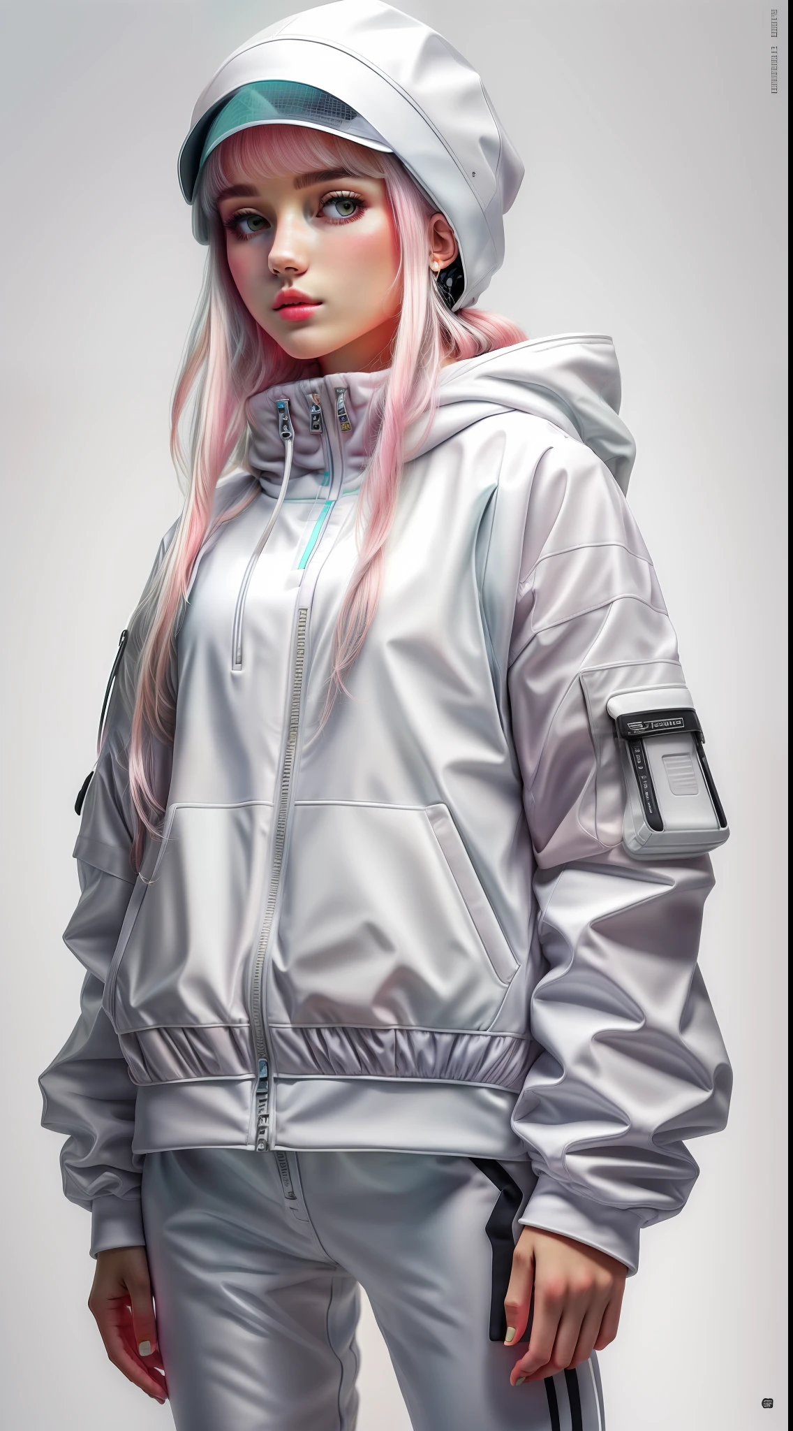 white,totally white,pastel colors,1girl with techwear clothes,sexy,papercute background
