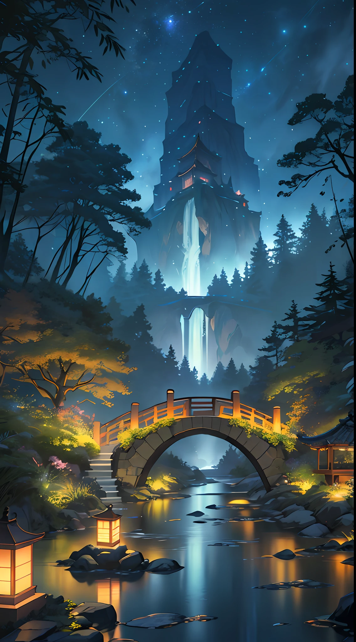 ((diffuse colors)), (( Top view, high angle view, Focal point composition)), Ancient Chinese architecture, cool colors, dark night, moon, garden, bamboo, lake, stone bridge, rockery, arch, corner, tree, running water, landscape, outdoor, waterfall, grass, rock, intense rainfall, thunderstorm, vines all around, giant and wet trees, with glowing leaves in the trees, glowing fireflies and glowing particle effects, a japanese castle at the top of a mountain, masterpiece, best quality, high quality, extremely detailed CG unity 8k wallpaper, oil paiting, award winning photography, Bokeh, Depth of Field, HDR, bloom, ,Photorealistic,extremely detailed, trending on artstation, trending on CGsociety, Intricate, High Detail, dramatic, art by midjourney, volumetric lighting Dramatic lighting from distant stars and planets illuminates the scene, casting deep shadows on the suit, vast and mysterious universe with wonder