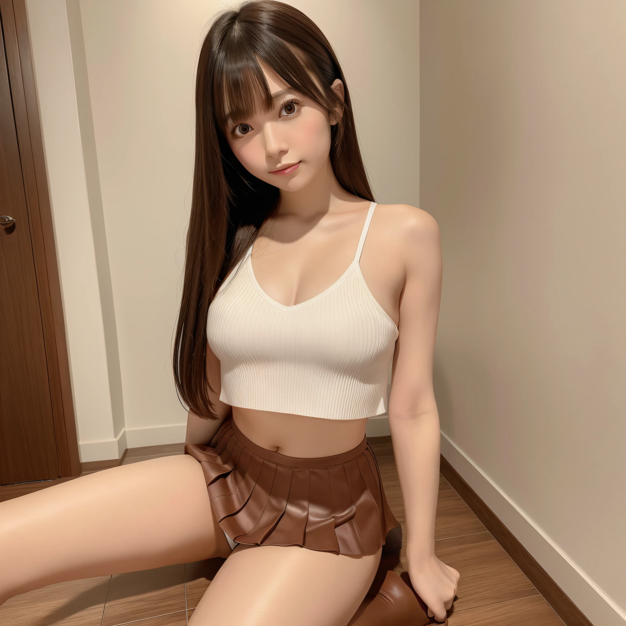 masterpiece, best quality, 1girl, young girl, brown eyes, long light brown hair, (nice leg line: 1.3), thin waist, medium breasts, menstruating, menstrual blood running down the thigh and transparent panties, white pleated skirt dress, tie, high heels, bathroom, depth of field, looking at the viewer, squat, behind, full body, legsupsexms