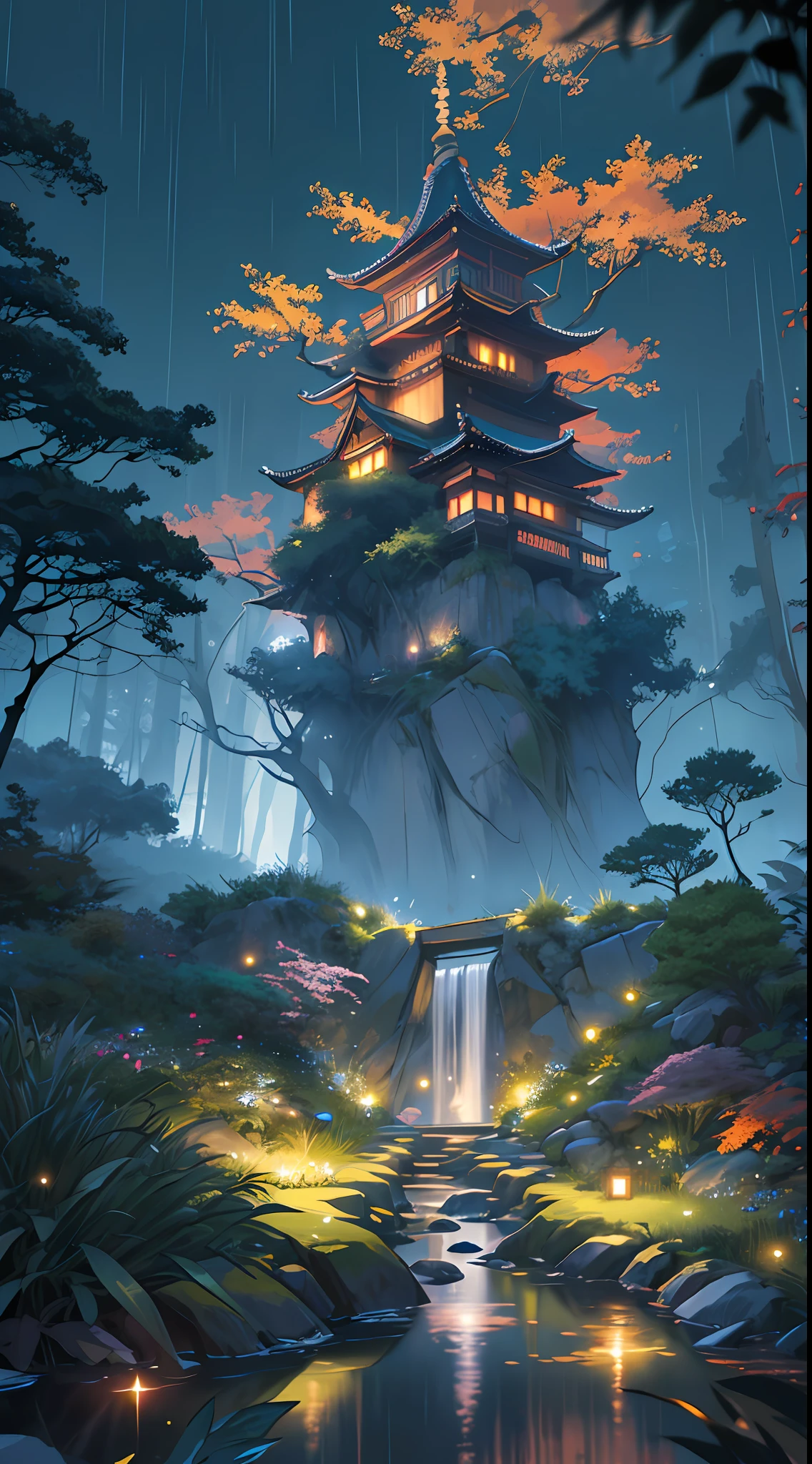 ((diffuse colors)), (( Top view, high angle view, Focal point composition)), Ancient Chinese architecture, cool colors, dark night, moon, garden, bamboo, lake, stone bridge, rockery, arch, corner, tree, running water, landscape, outdoor, waterfall, grass, rock, intense rainfall, thunderstorm, vines all around, giant and wet trees, with glowing leaves in the trees, glowing fireflies and glowing particle effects, a japanese castle at the top of a mountain, masterpiece, best quality, high quality, extremely detailed CG unity 8k wallpaper, oil paiting, award winning photography, Bokeh, Depth of Field, HDR, bloom, ,Photorealistic,extremely detailed, trending on artstation, trending on CGsociety, Intricate, High Detail, dramatic, art by midjourney, volumetric lighting Dramatic lighting from distant stars and planets illuminates the scene, casting deep shadows on the suit, vast and mysterious universe with wonder