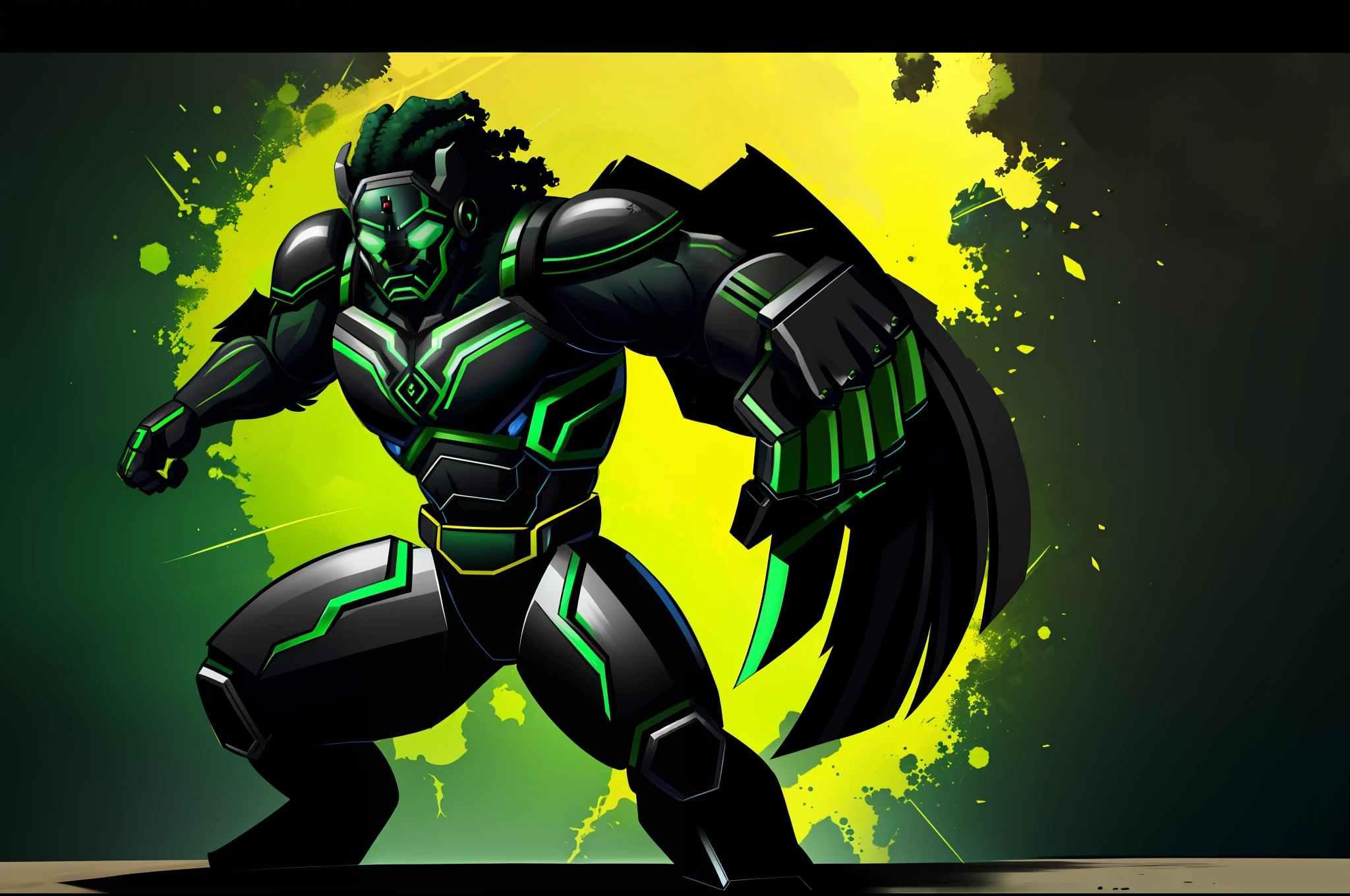 best quality, 8k, A man in a green and black suit throwing blades very fast, standing, Hi-tec Character Design, Wakanda, A Teenage Black Cyborg, Full Body Action Concept Art, strong and muscular body.