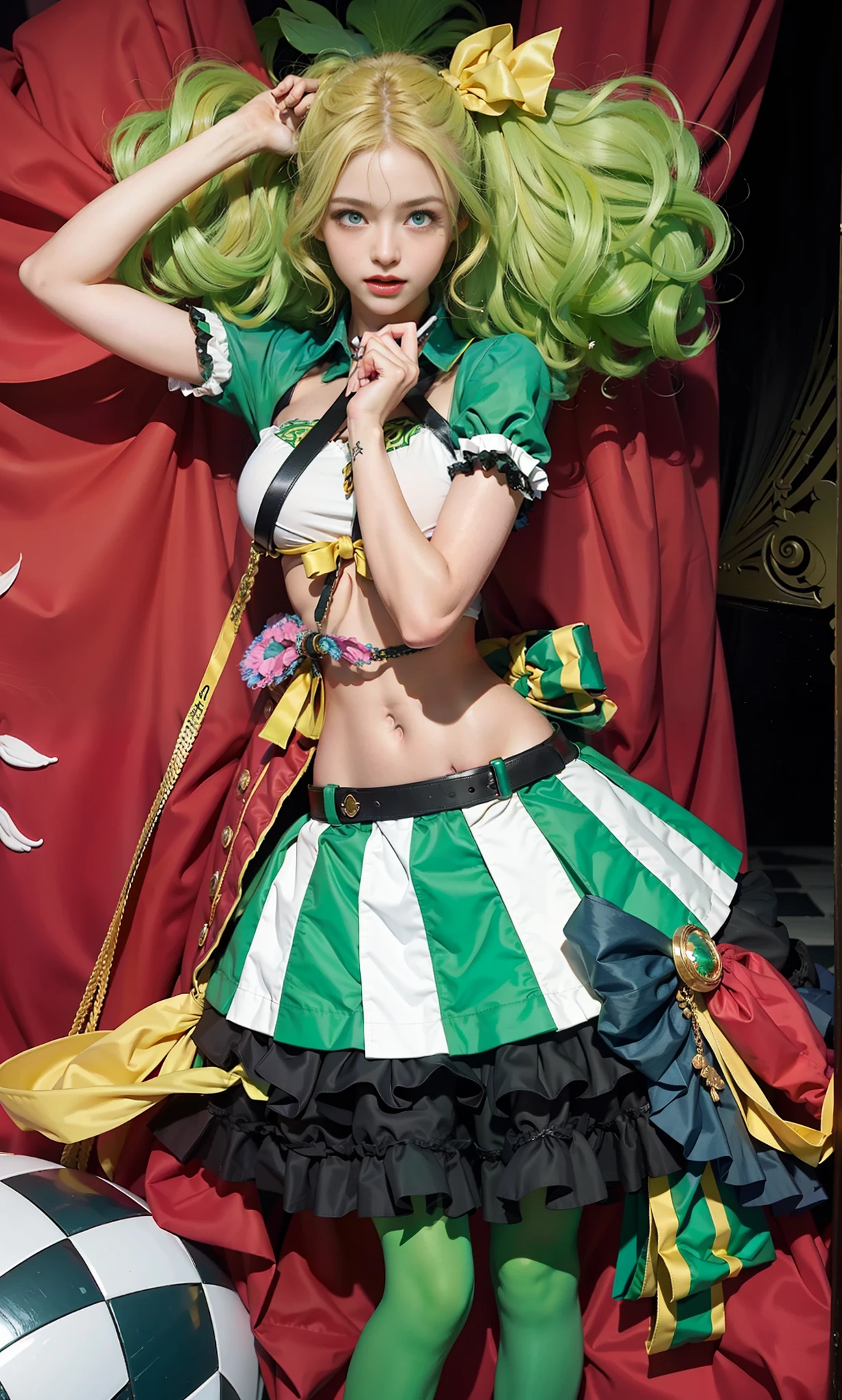(female:1.2) (bodybuilder:0.8), hyper realistic, masterpiece, photorealistic, real skin, detailed face, detailed skin, detailed lighting, 1girl, (green eyes), long hair, curly hair, green hair, (yellow gradient hair) , half hair, multiple colour hair, hair bow, large breasts, midriff, navel, smile, open mouth, skirt, frills, green legwear, holding microphone, necktie, solo