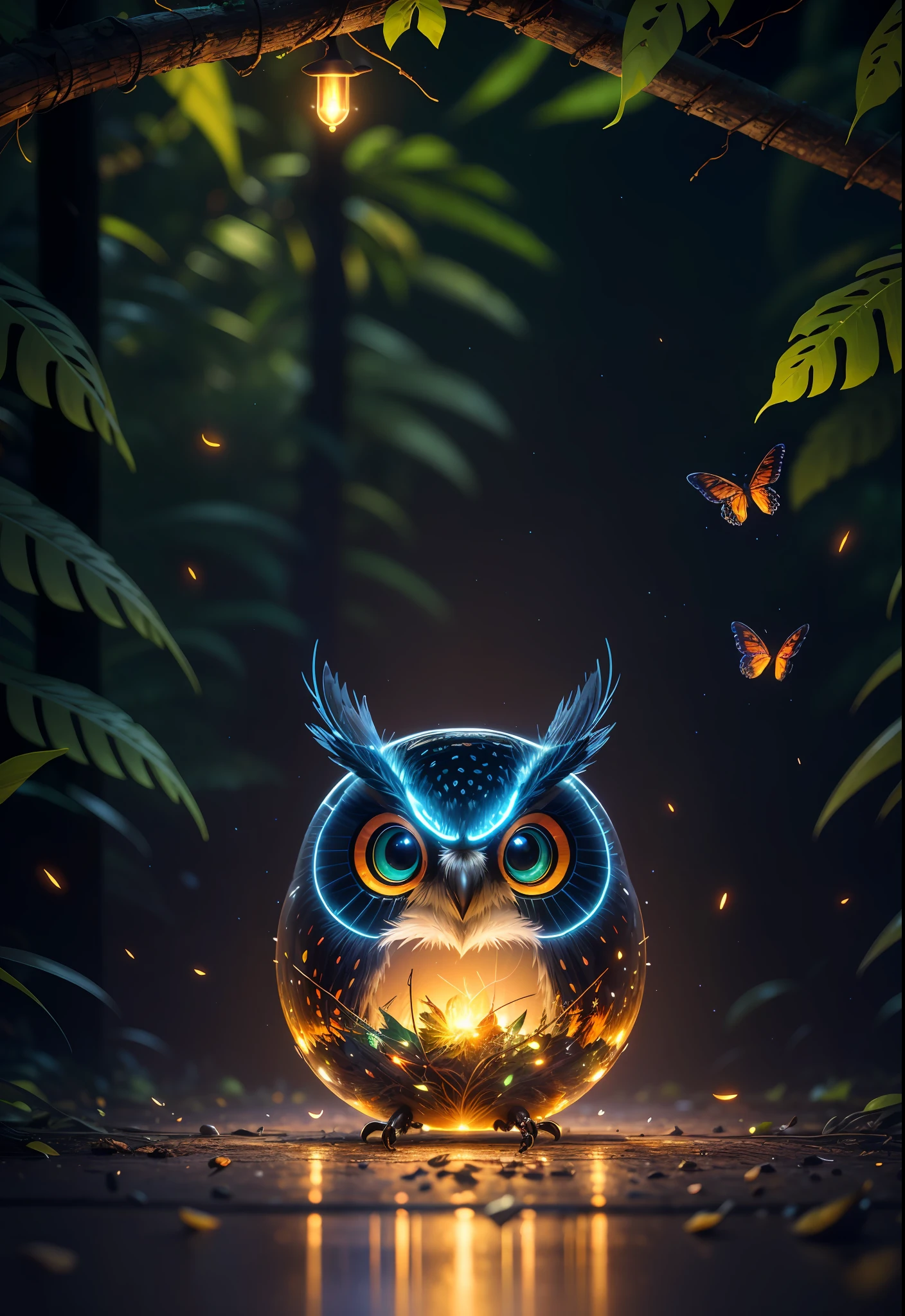 Masterpiece, best quality, extremely beautiful reflection, best reflection. (Very detailed CG unity 8k wallpaper), (best quality), (best illustration), (best shadow), a photo of a cybernetic owl, perched on barbed wire in a dark alley. His eyes are neon blue, reflecting the lights of the surrounding city. The feathers are fragmented and iridescent, and there is a wonderful code running through them. The shots used create a deformation effect, giving the impression that an owl is observing the viewer from all angles, with a forest theme with natural elements. Tall trees, quiet stream, glowing small mushrooms surrounded by delicate leaves and branches, and fireflies and glowing particle effects, (natural elements), (jungle theme), (leaves), (branches), (fireflies), butterflies, (delicate leaves), (glow), (particle effects), isometric 3D, Octane rendering, ray tracing, super detailed