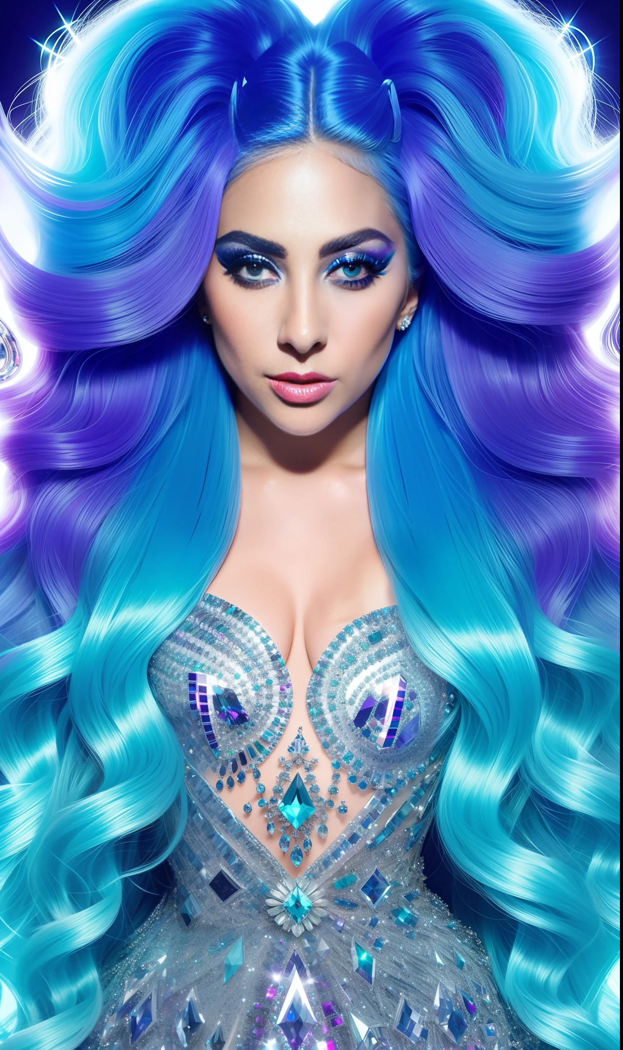 Photo of Lady GaGa 4K texture, crystal dress,jewelry and diamonds,neon,extravagant hair, 8k image, haute couture, flashes, high image quality,neon dress, realistic face, various body poses, full body, 8k image, sharp image,HD, blue glasses, HD face,galaxy background, realistic and detailed face