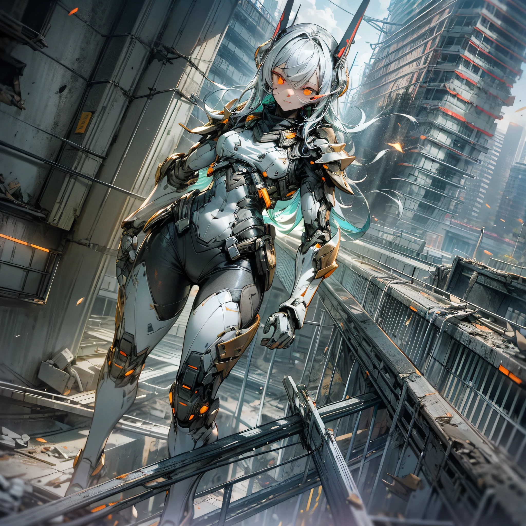 Alien, Male Focus, Solo, Full Body, (Giantess), Bikini Armor, Railing, Glowing Eyes, Glowing, From Below, White Eyes, City, Building, Damaged Building, Tilt Displacement, Ruins --auto --s2