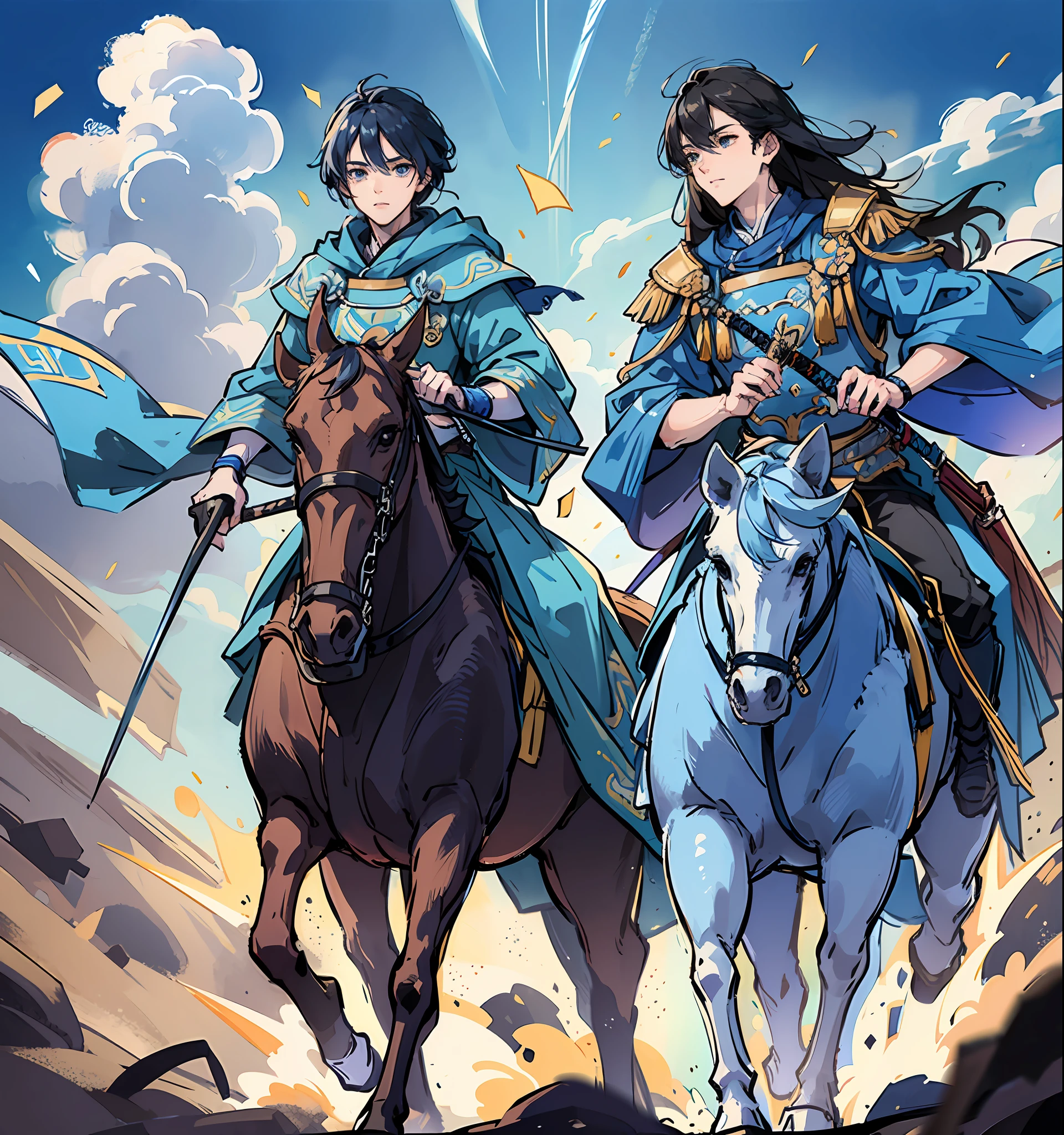 Handsome Tang guards riding horses, wearing blue cloaks and blue costumes and holding swords, walking in the desert --auto --s2